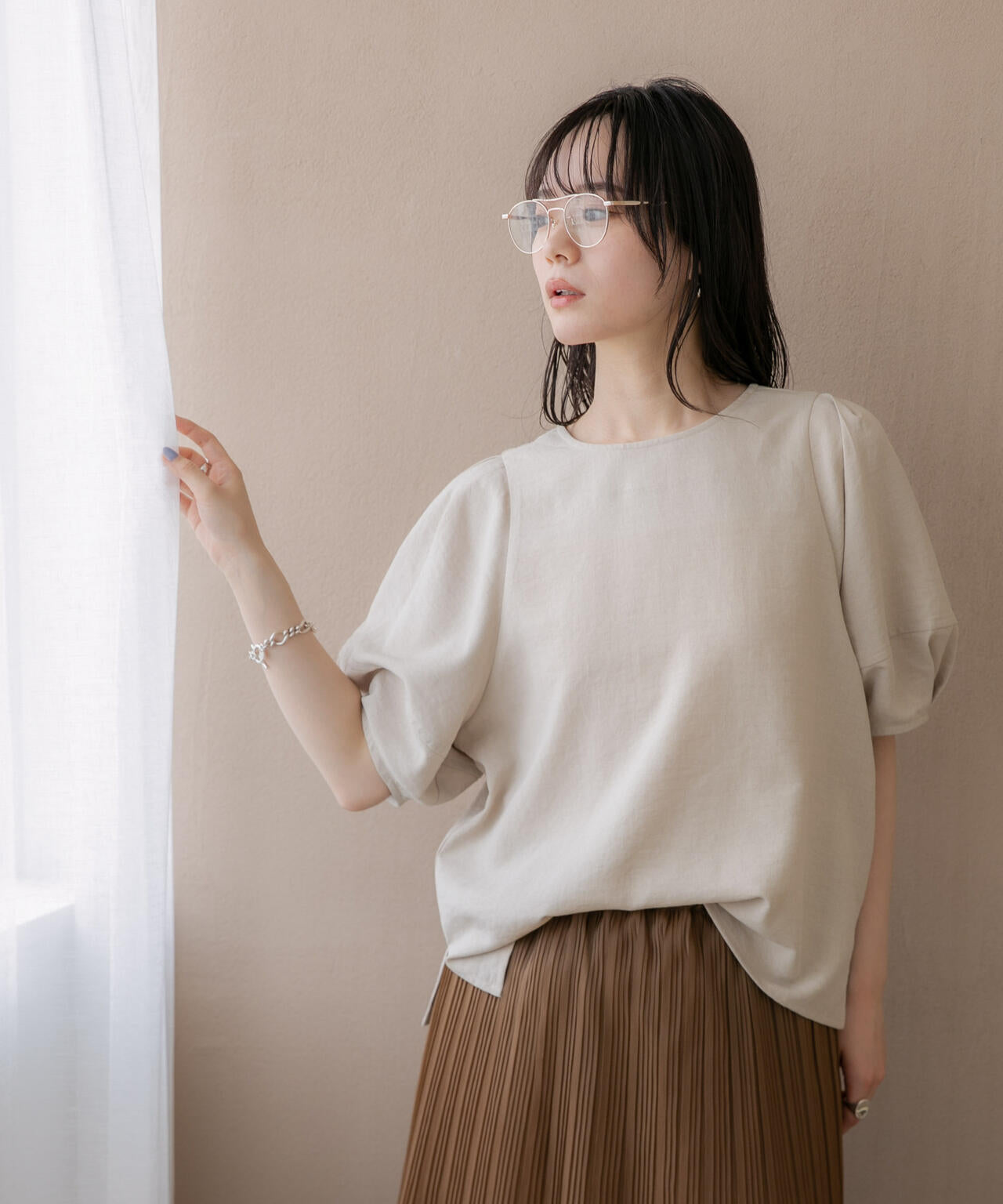 WEB限定/多機能素材 前後2wayランタンスリーブクルーブラウス(セットアップ可) 6736221309