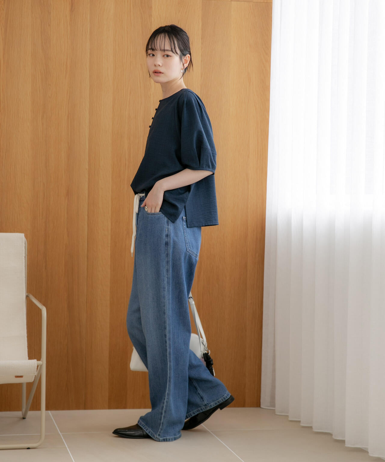 WEB限定/多機能素材 前後2wayランタンスリーブクルーブラウス(セットアップ可) 6736221309