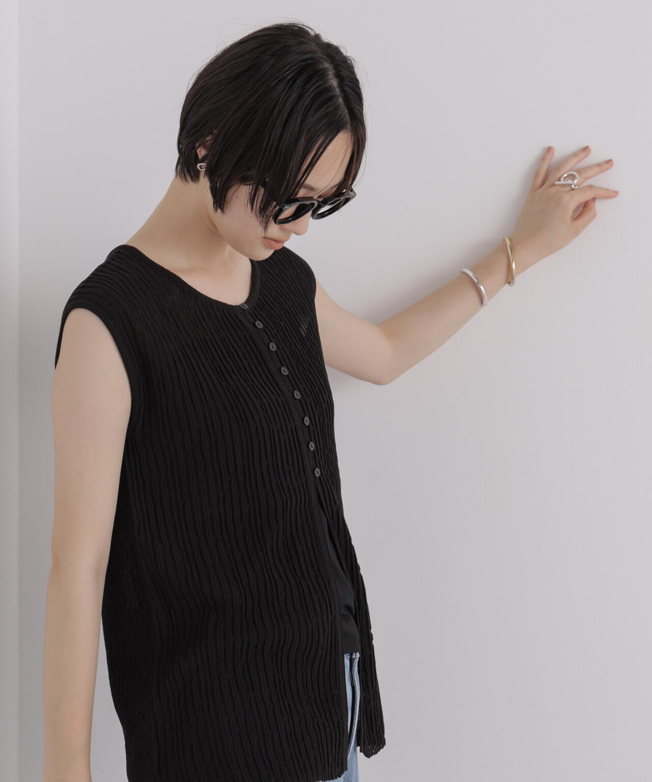 前後2way楊柳ライクニット多ボタンノースリーブトップス(セットアップ可) 6736222309