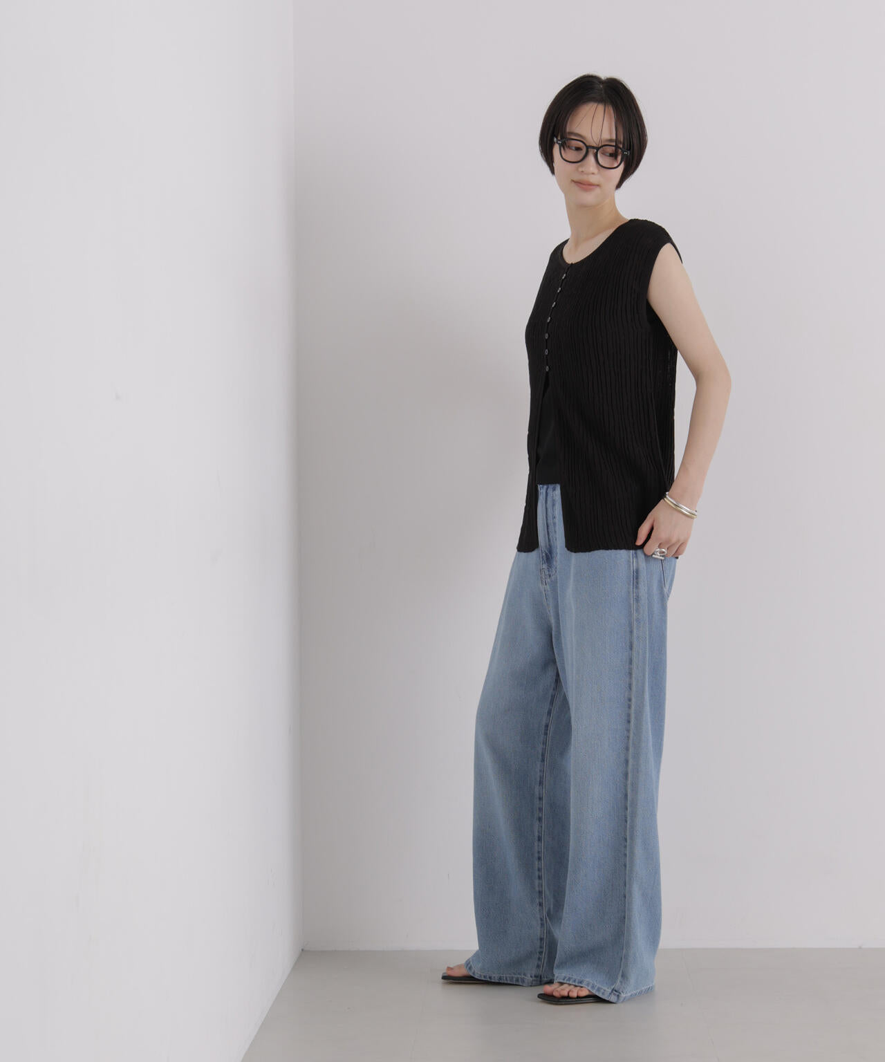 前後2way楊柳ライクニット多ボタンノースリーブトップス(セットアップ可) 6736222309
