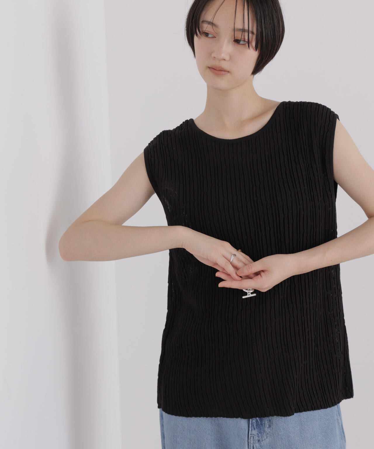 前後2way楊柳ライクニット多ボタンノースリーブトップス(セットアップ可) 6736222309