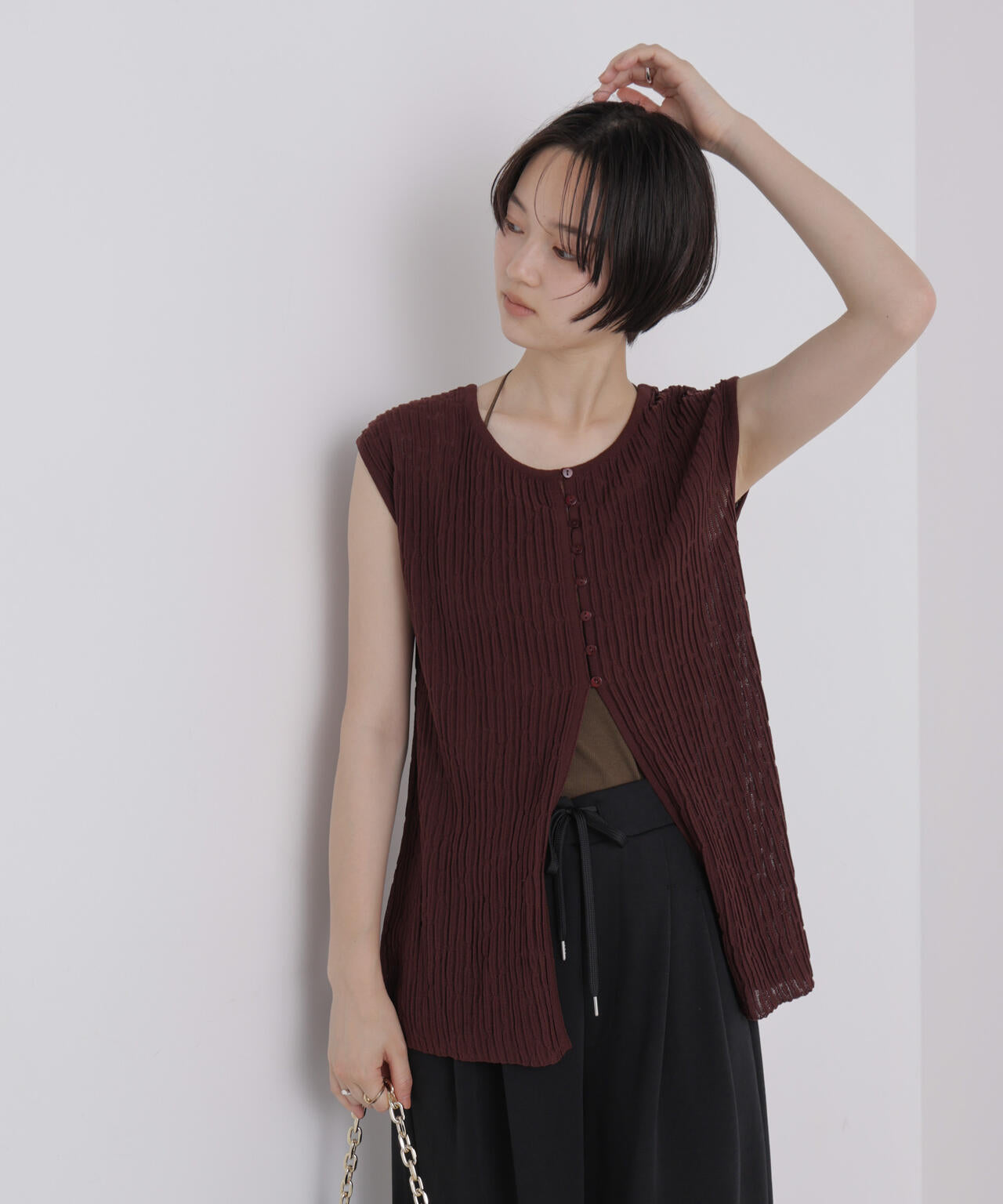 前後2way楊柳ライクニット多ボタンノースリーブトップス(セットアップ可) 6736222309