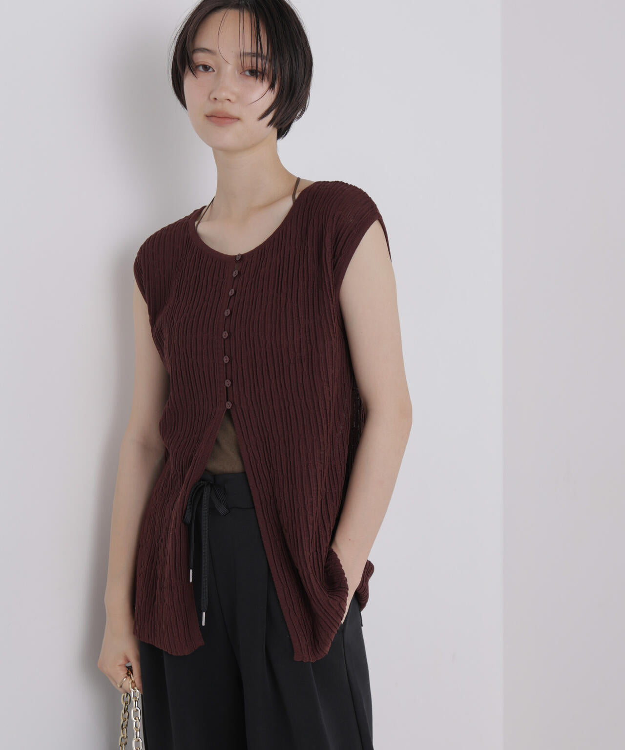 前後2way楊柳ライクニット多ボタンノースリーブトップス(セットアップ可) 6736222309
