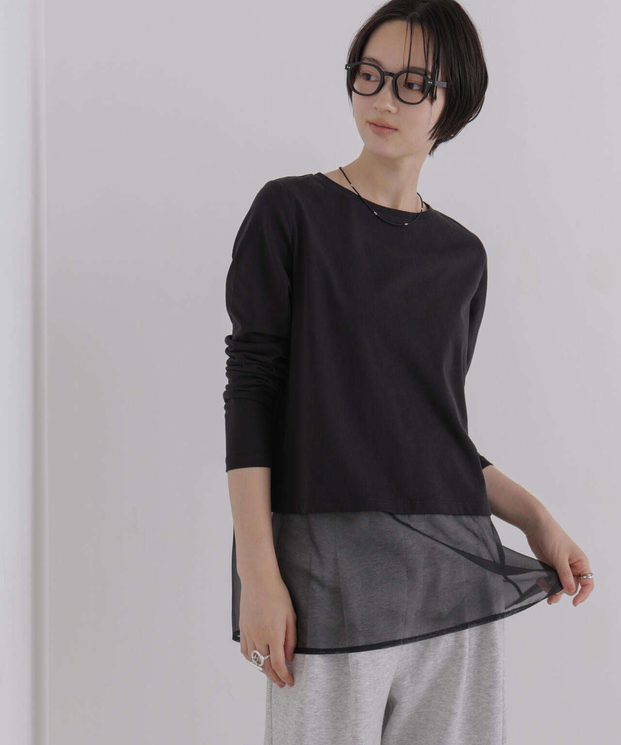 オーガンジーヘム切り替えロングスリーブTシャツ 6736223304