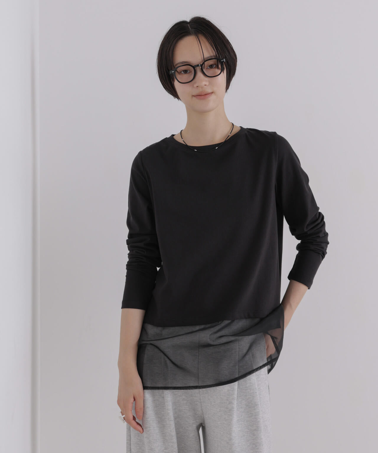 オーガンジーヘム切り替えロングスリーブTシャツ 6736223304