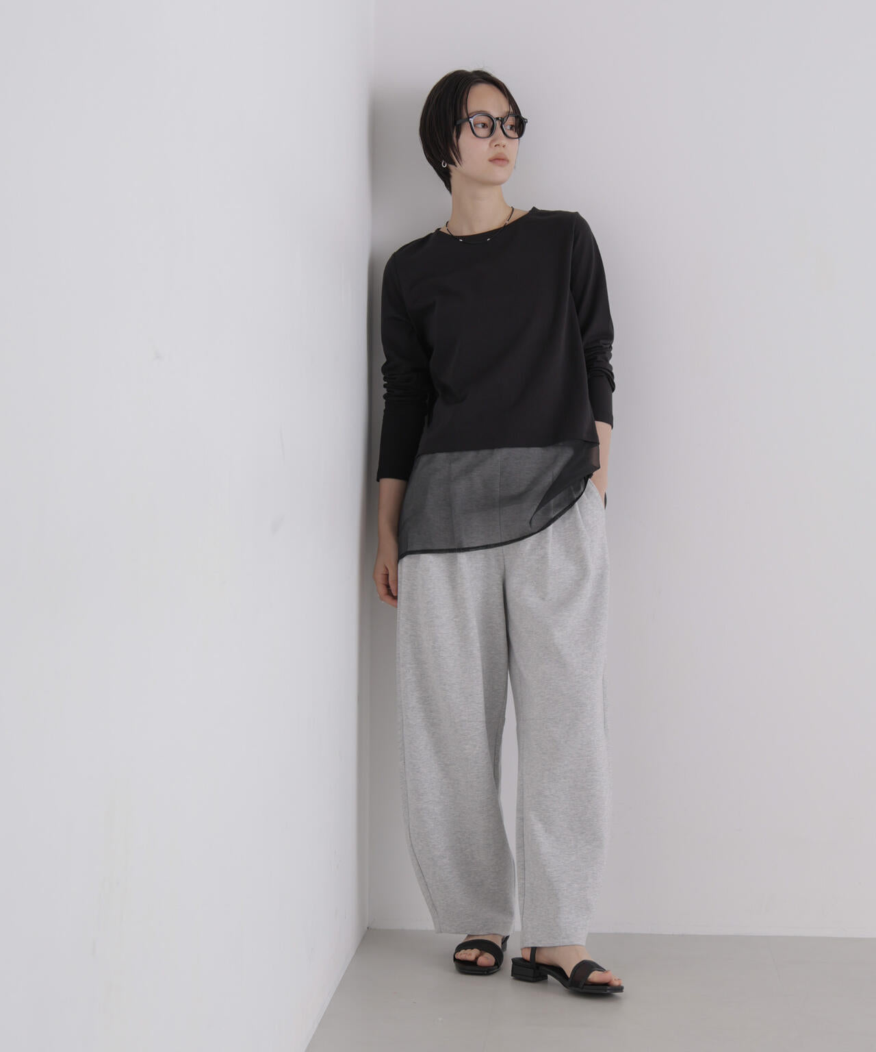 オーガンジーヘム切り替えロングスリーブTシャツ 6736223304