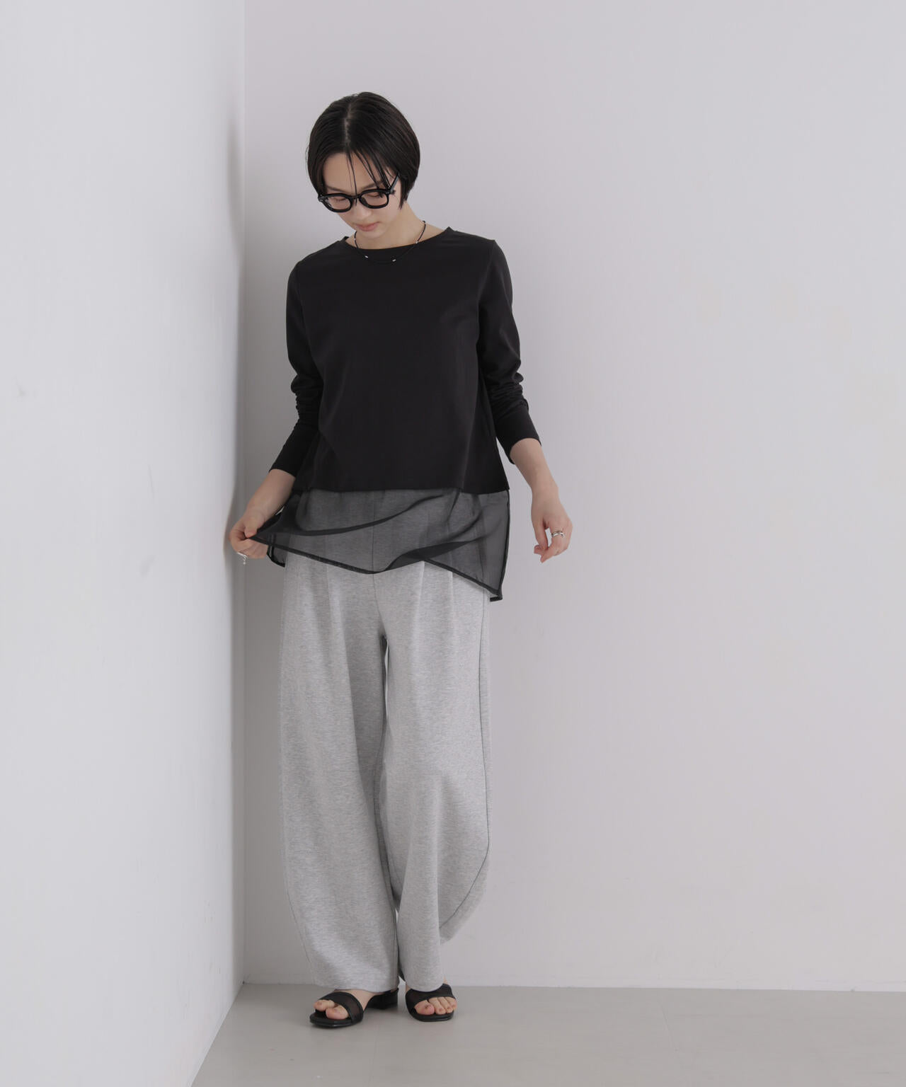 オーガンジーヘム切り替えロングスリーブTシャツ 6736223304