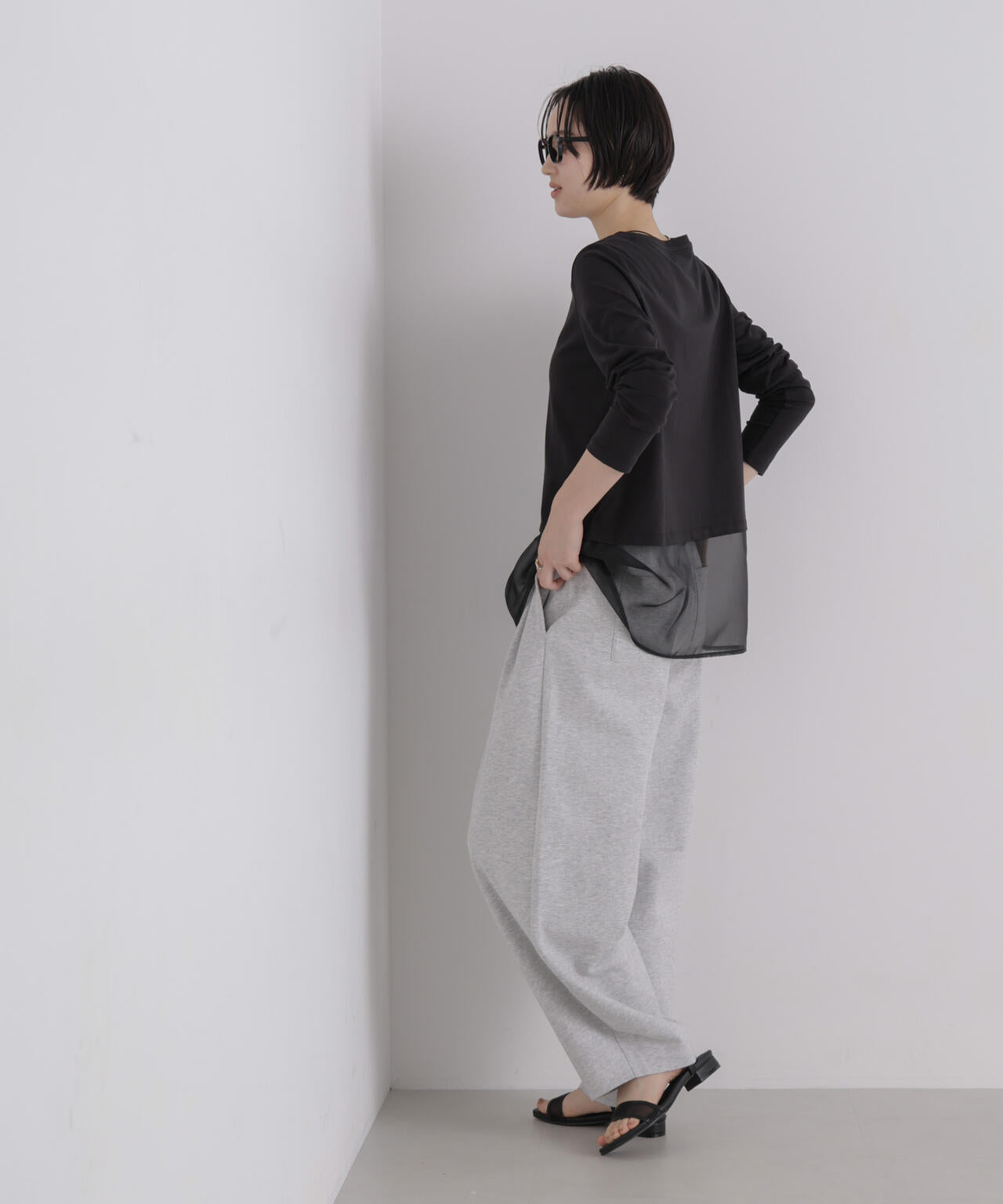 オーガンジーヘム切り替えロングスリーブTシャツ 6736223304