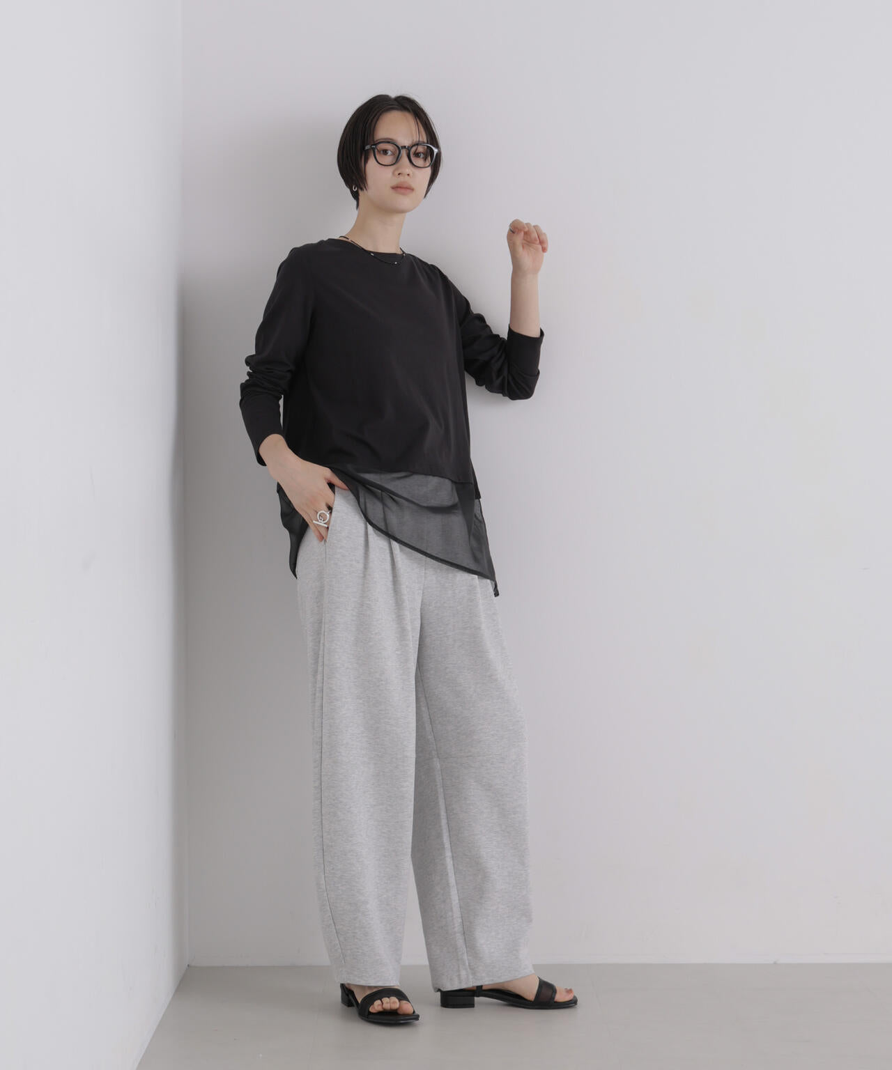オーガンジーヘム切り替えロングスリーブTシャツ 6736223304