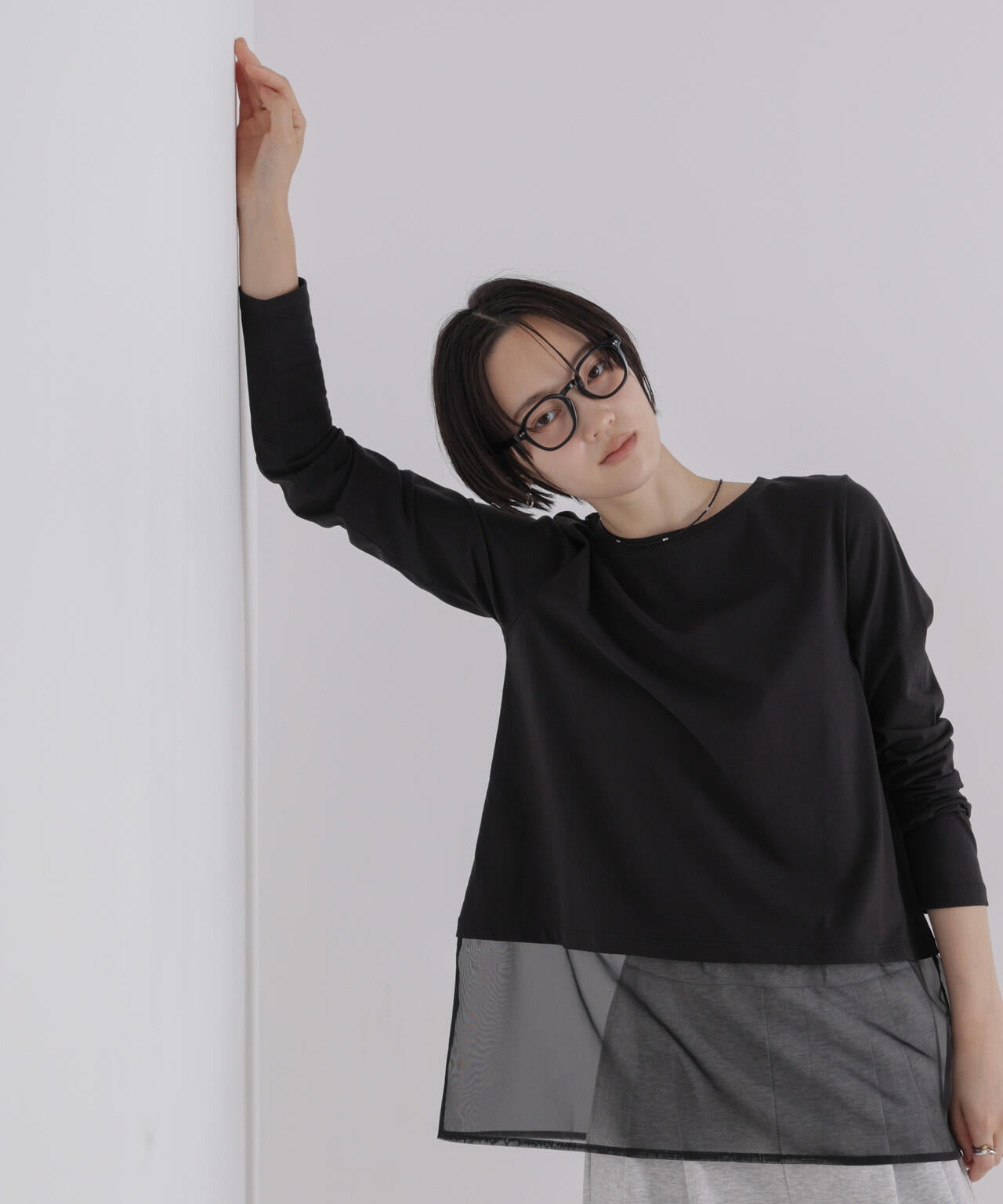 オーガンジーヘム切り替えロングスリーブTシャツ 6736223304
