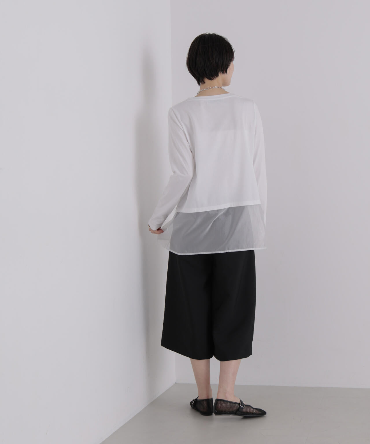 オーガンジーヘム切り替えロングスリーブTシャツ 6736223304