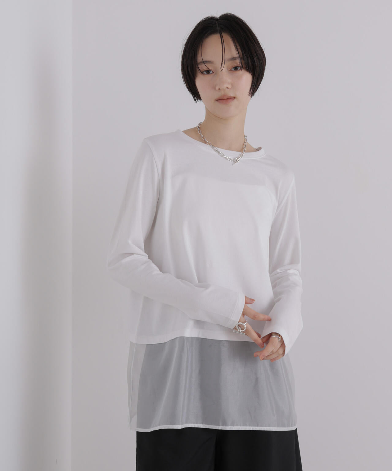 オーガンジーヘム切り替えロングスリーブTシャツ 6736223304