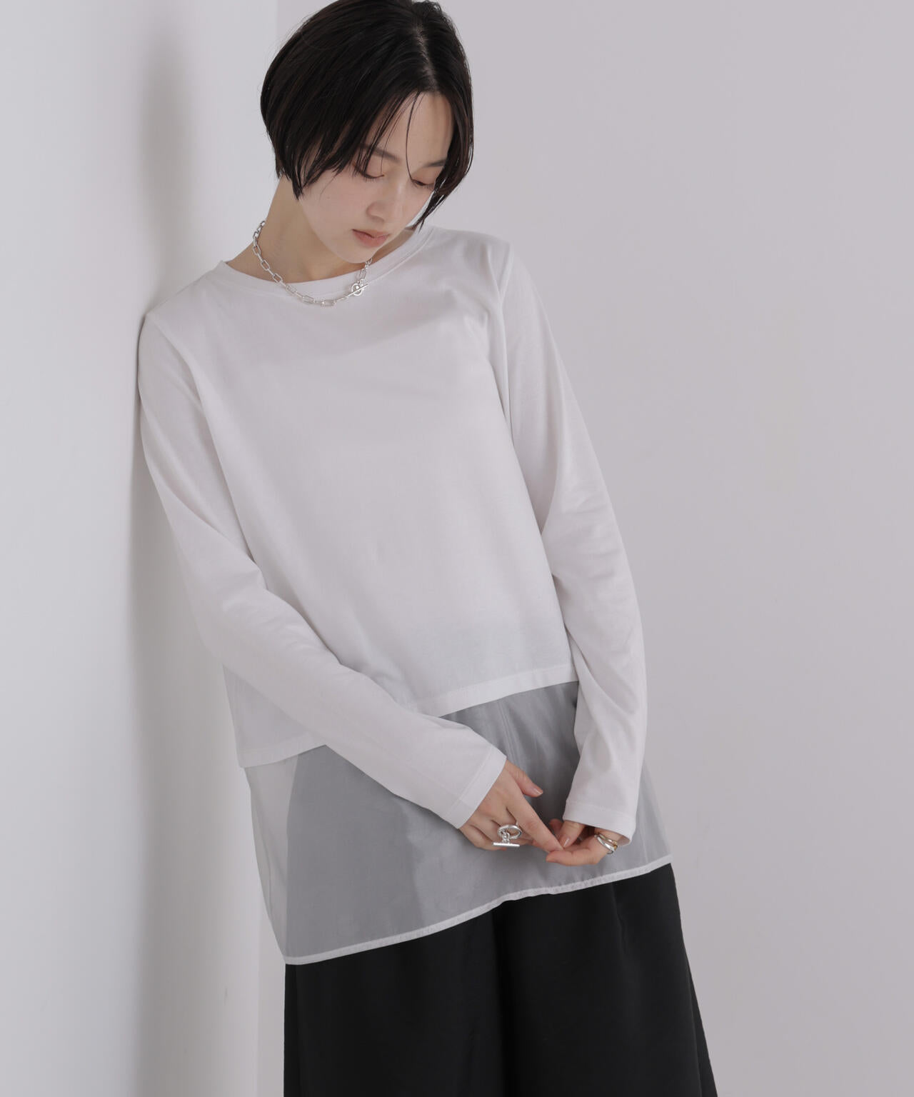 オーガンジーヘム切り替えロングスリーブTシャツ 6736223304