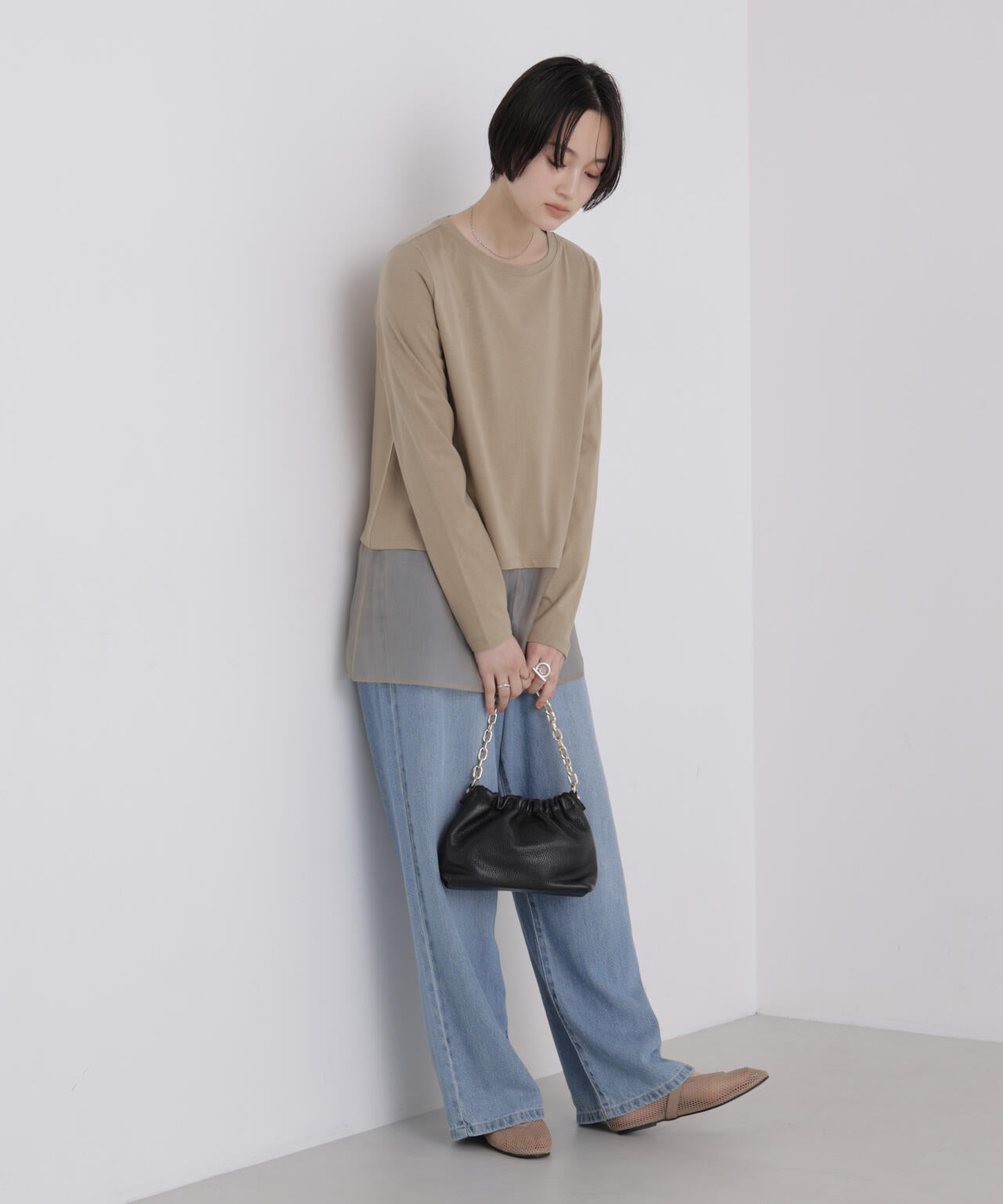 オーガンジーヘム切り替えロングスリーブTシャツ 6736223304