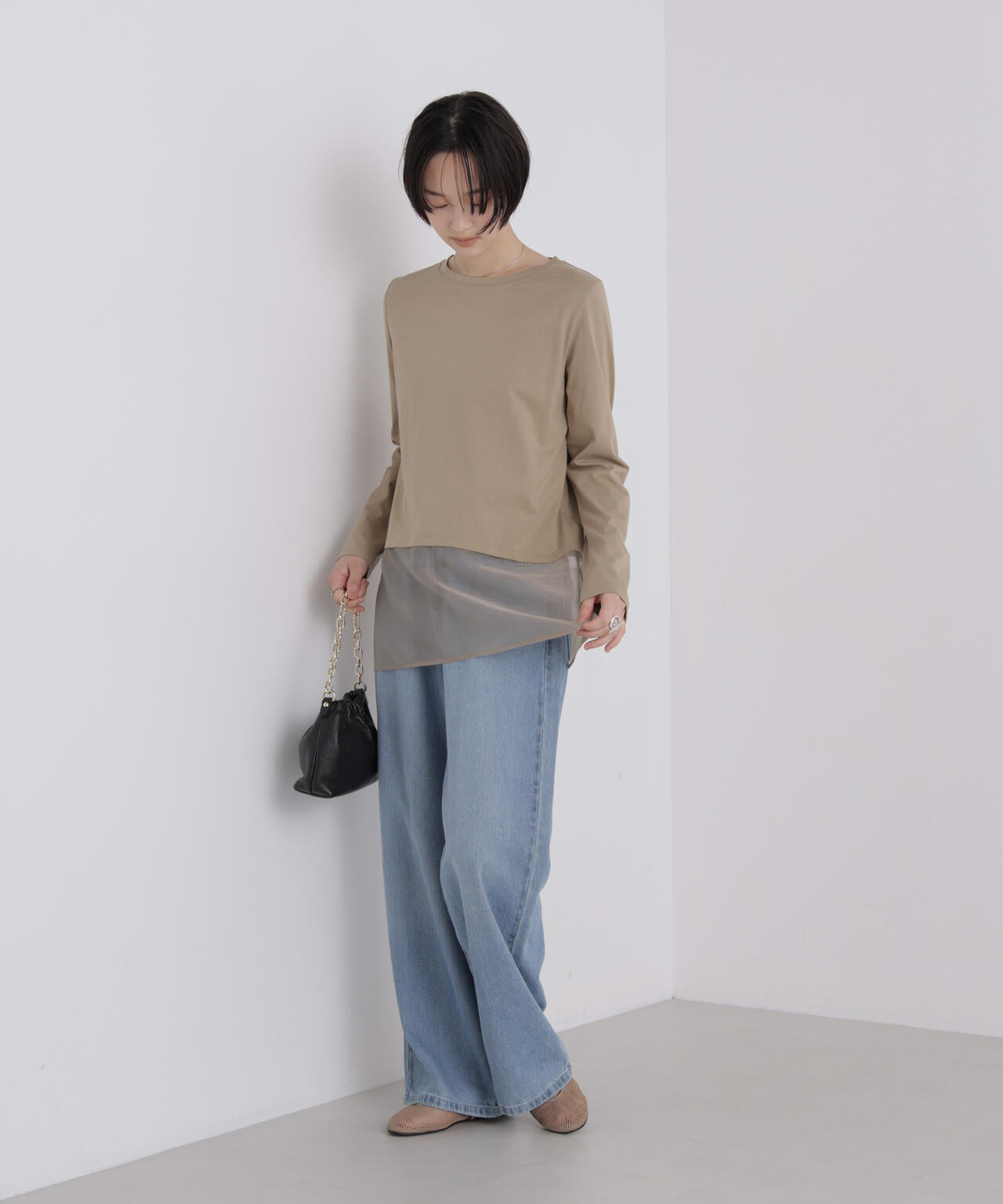 オーガンジーヘム切り替えロングスリーブTシャツ 6736223304