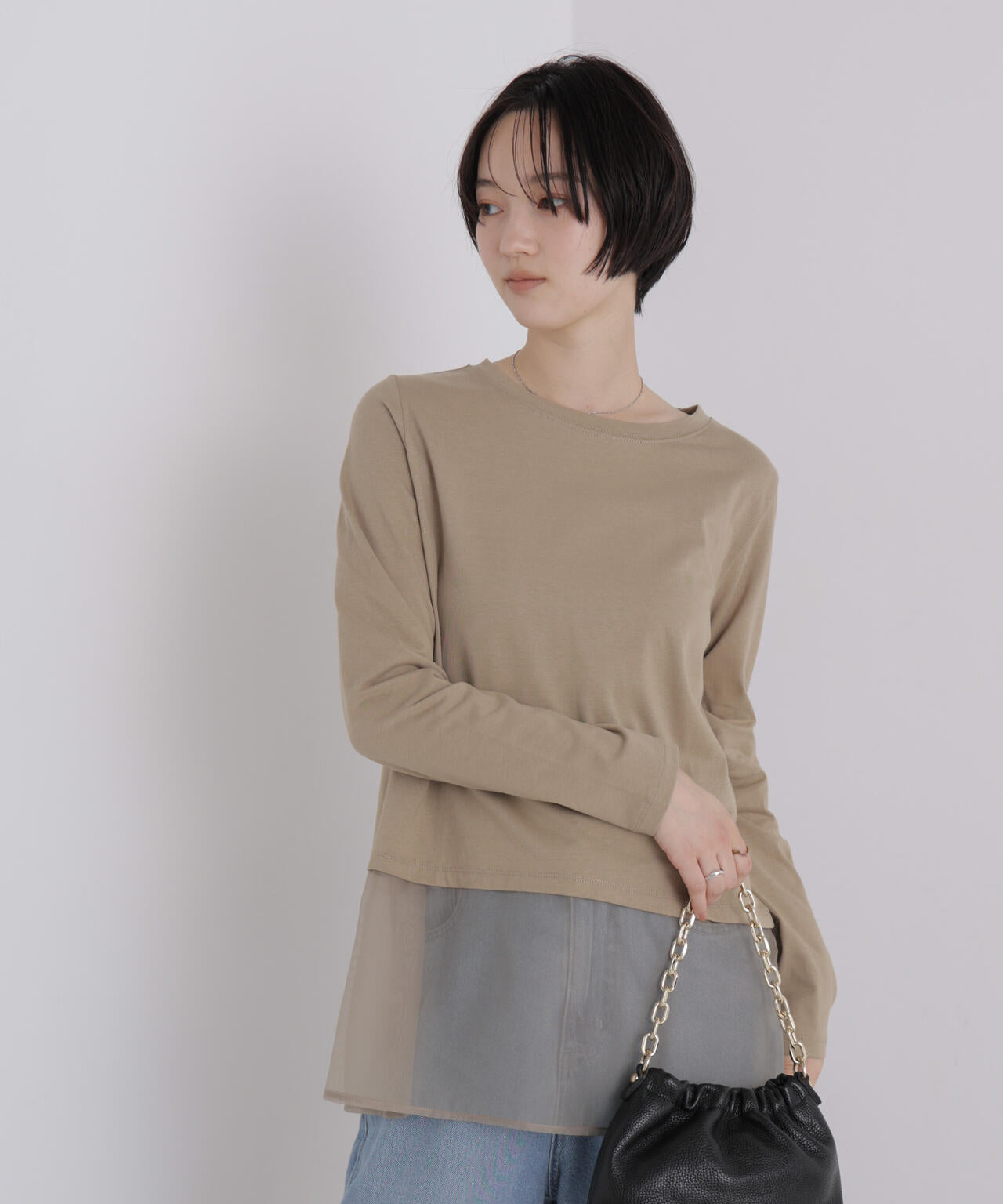 オーガンジーヘム切り替えロングスリーブTシャツ 6736223304