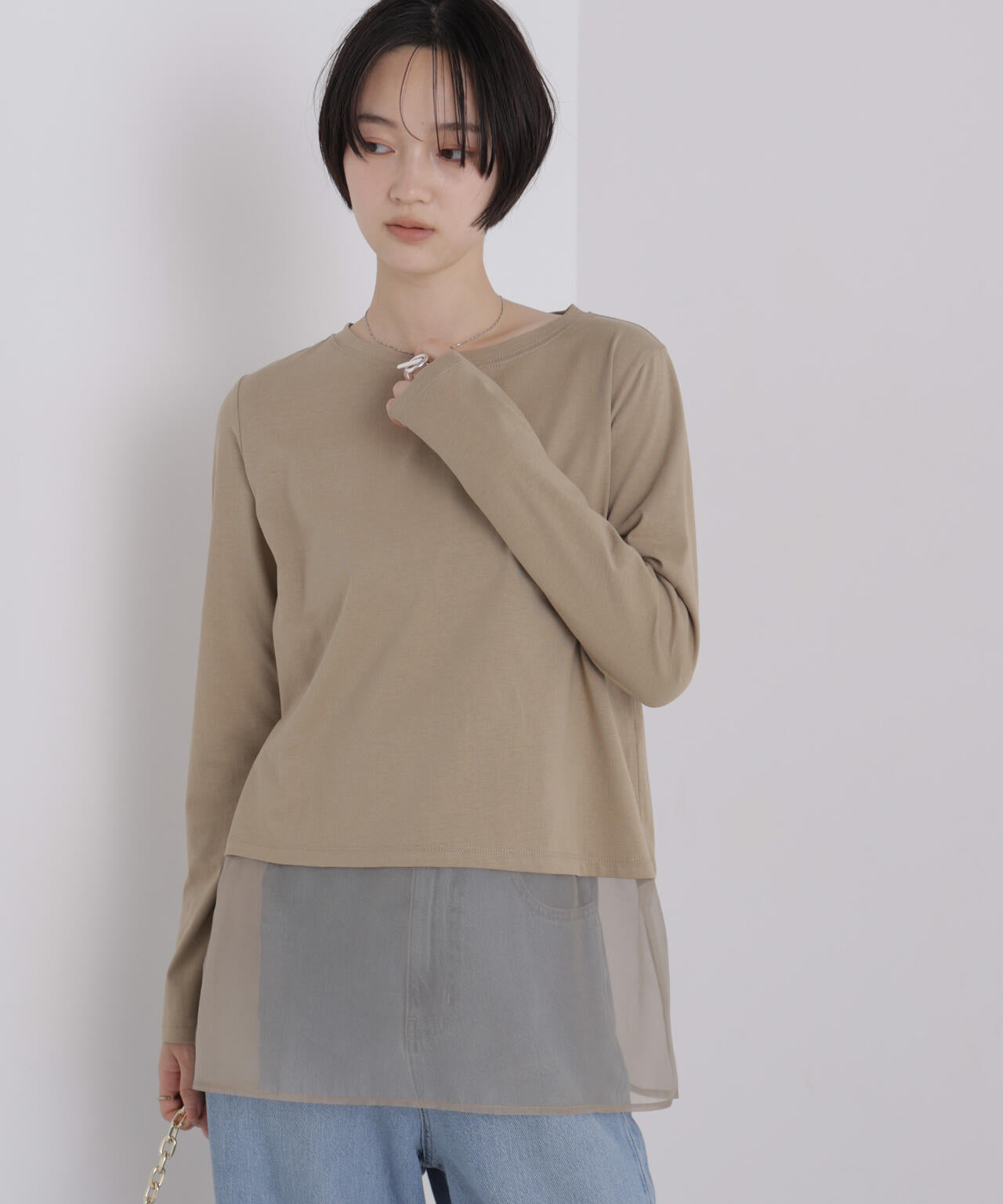 オーガンジーヘム切り替えロングスリーブTシャツ 6736223304