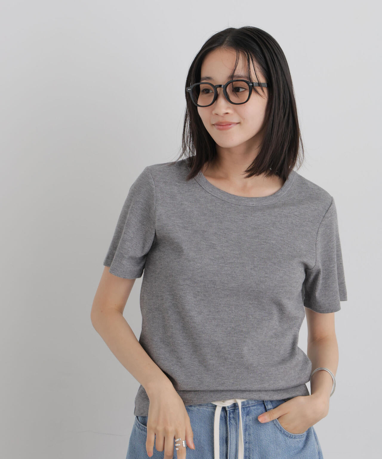 ラメリブカットクルーネックTシャツ 6736224308