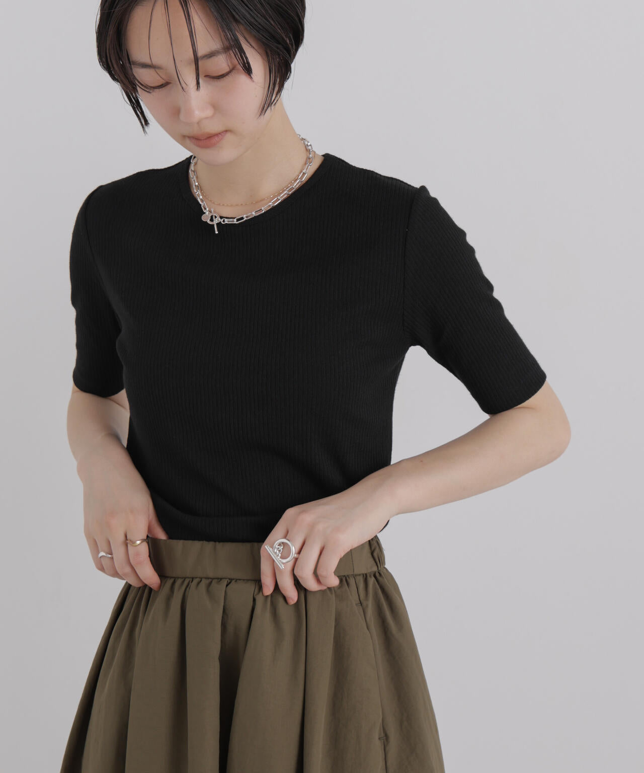 ソフトシアーリブクルーネック半袖トップス 6736224310