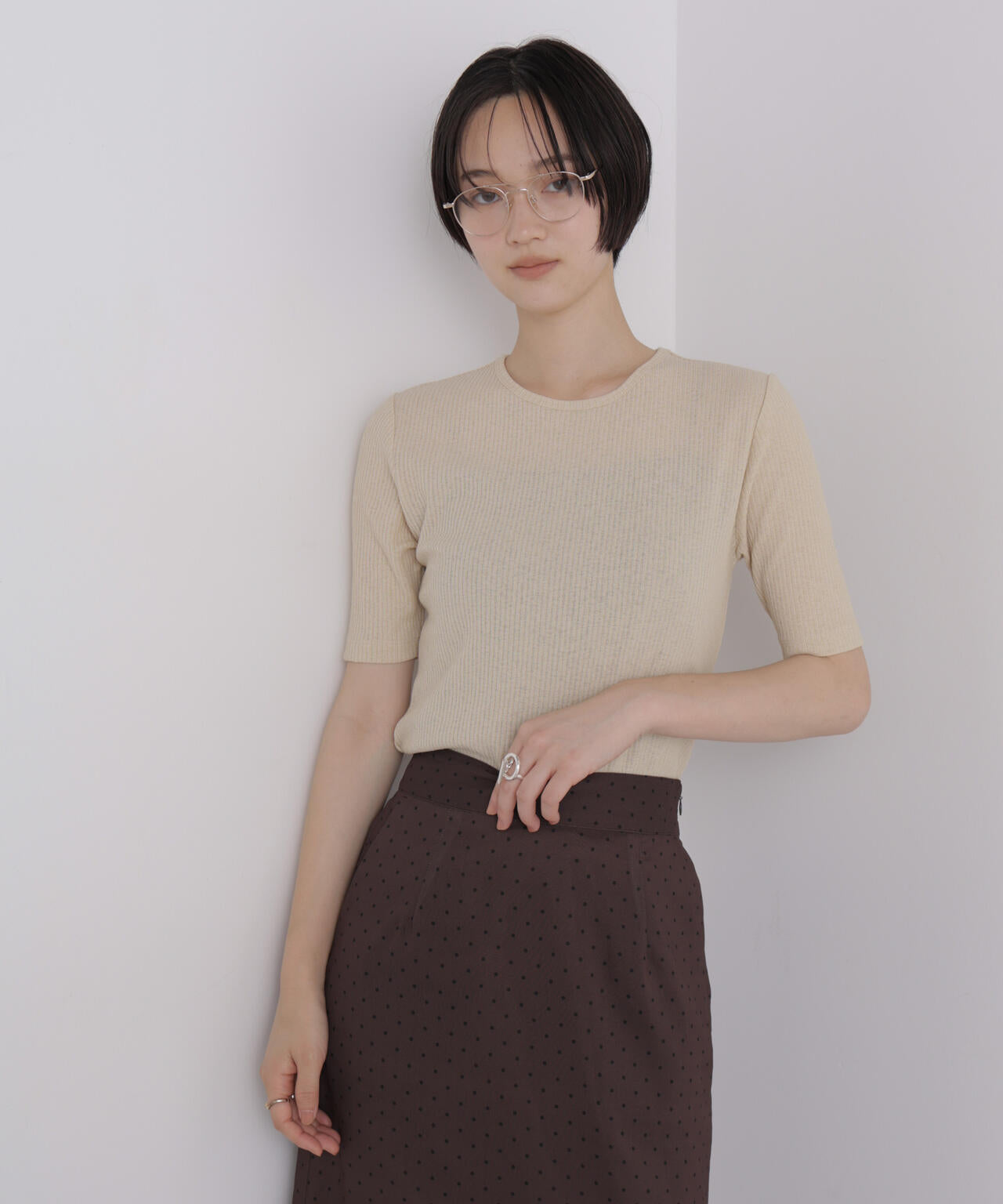 ソフトシアーリブクルーネック半袖トップス 6736224310