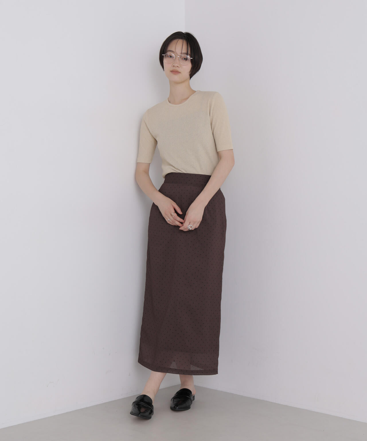 ソフトシアーリブクルーネック半袖トップス 6736224310
