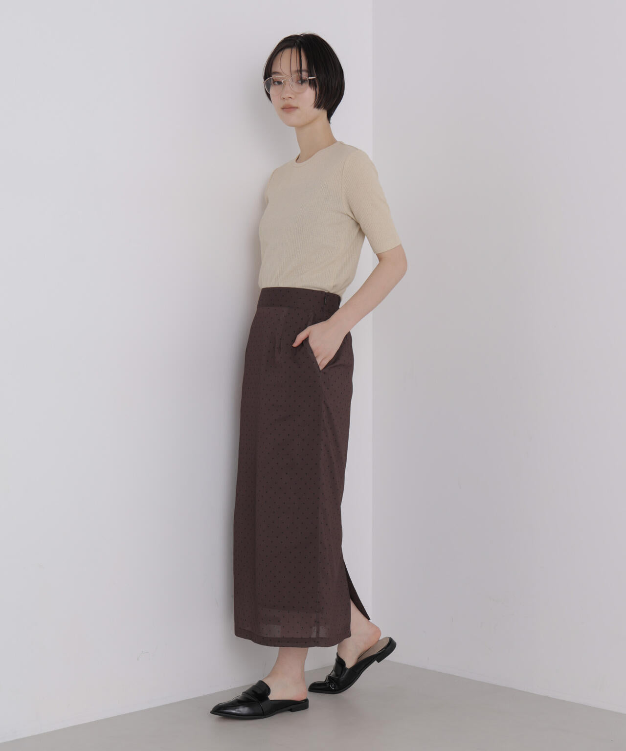 ソフトシアーリブクルーネック半袖トップス 6736224310