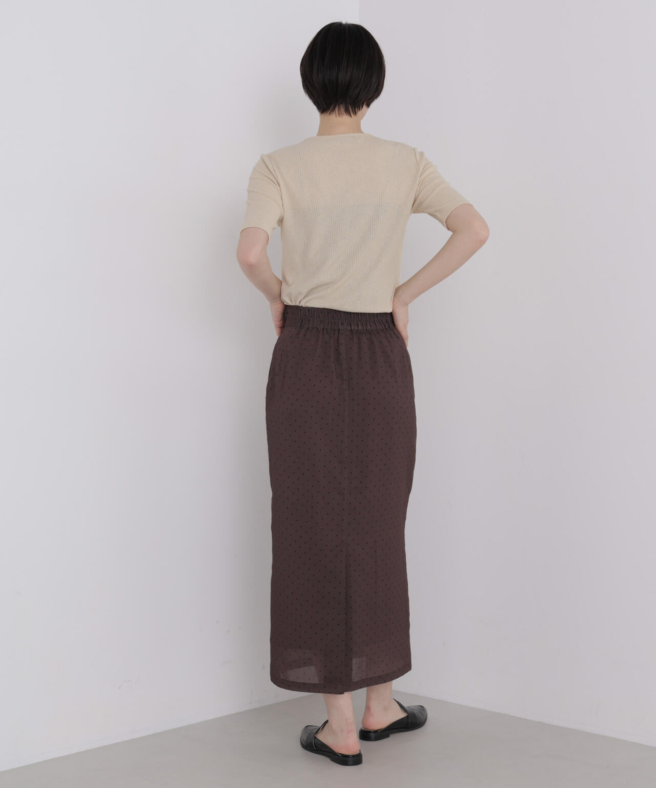 ソフトシアーリブクルーネック半袖トップス 6736224310