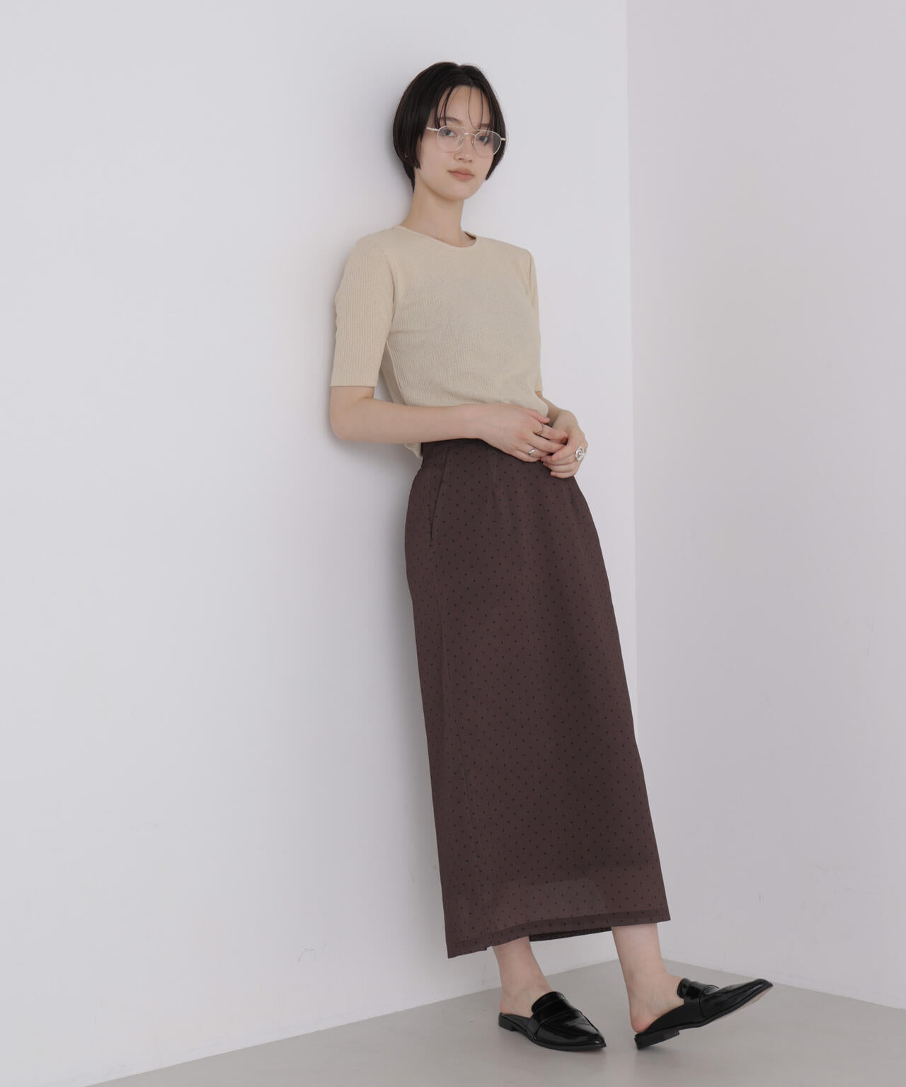 ソフトシアーリブクルーネック半袖トップス 6736224310