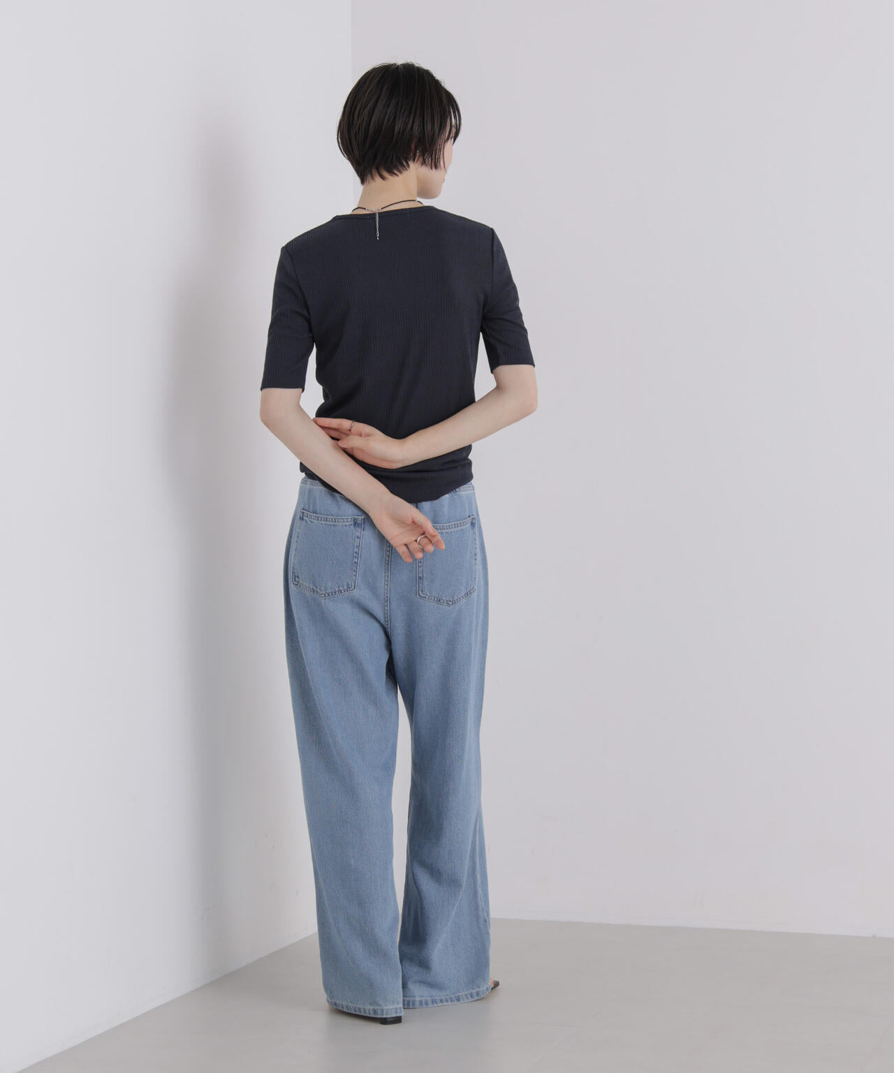ソフトシアーリブクルーネック半袖トップス 6736224310