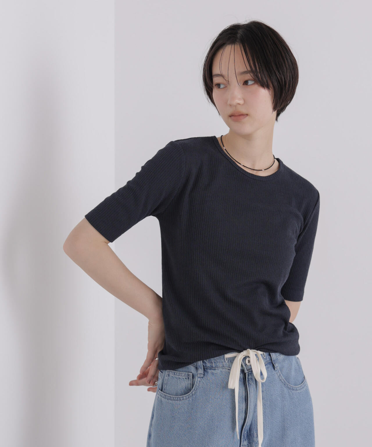 ソフトシアーリブクルーネック半袖トップス 6736224310