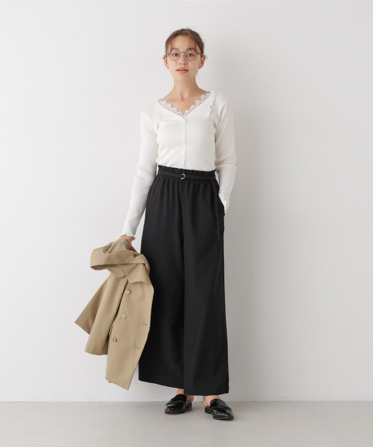 ベルト付きツイルワイドパンツ(セットアップ可) 6736227308