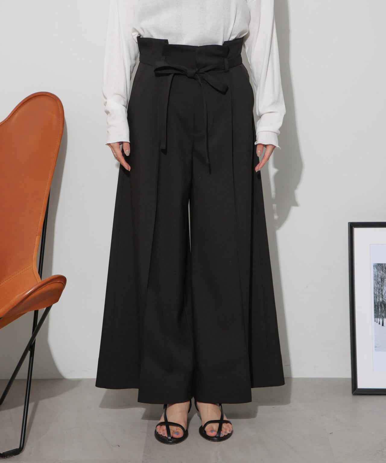 ベルト付きハイウエストワイドパンツ 6734127305