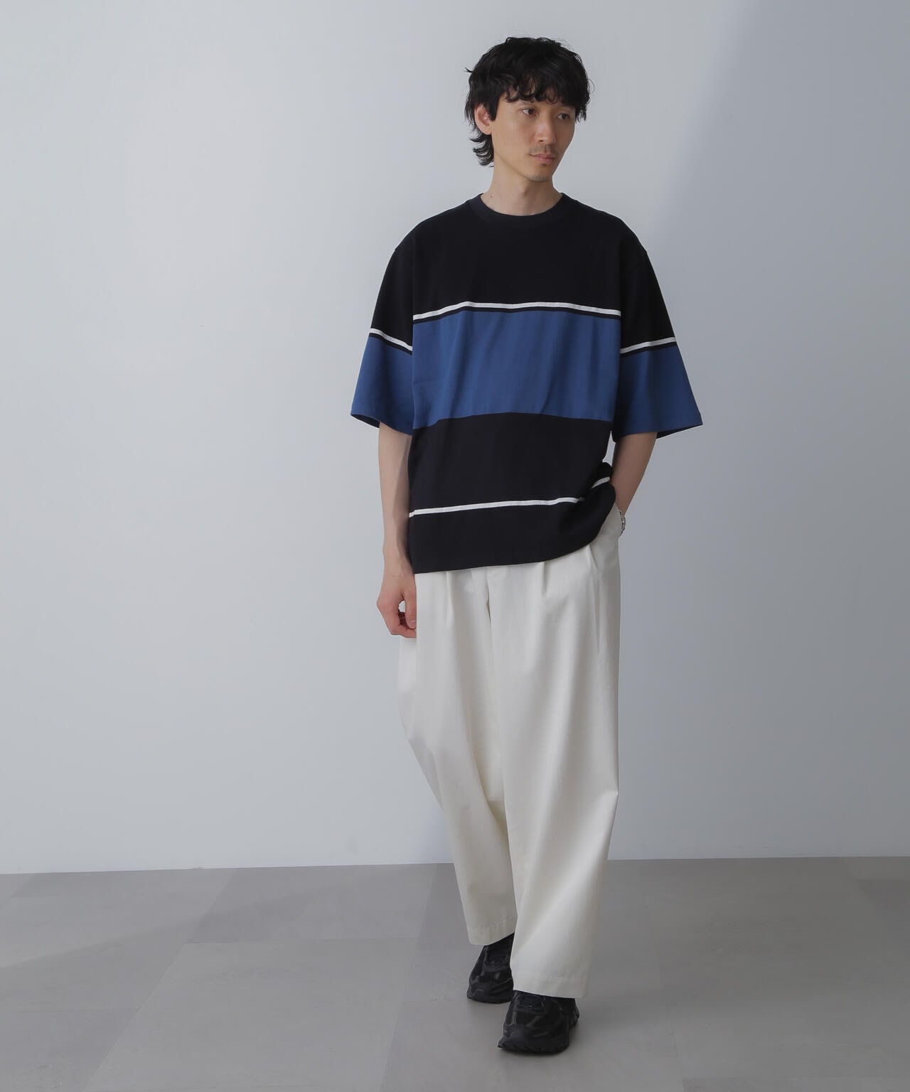 パネル編地ボーダークルーネックTシャツ 6684124233
