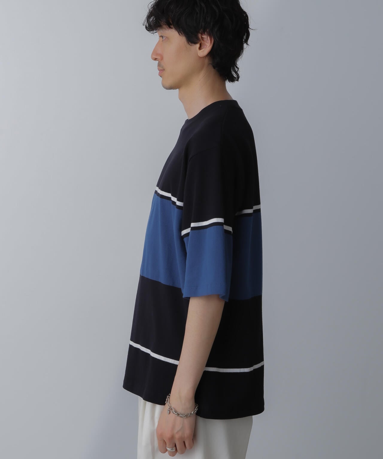 パネル編地ボーダークルーネックTシャツ 6684124233