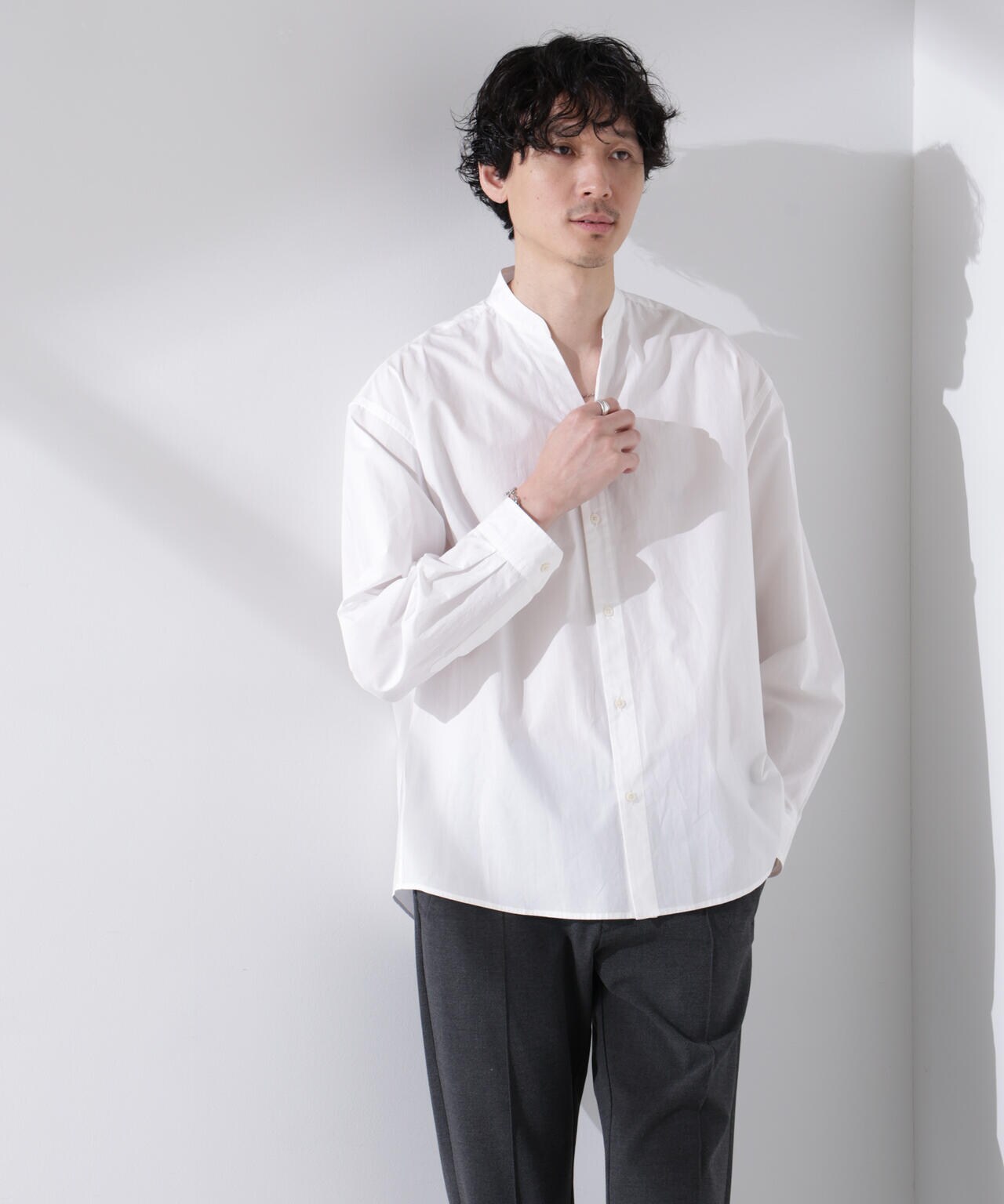 「大人のワイドシャツ」バンドカラー 長袖 6685120205