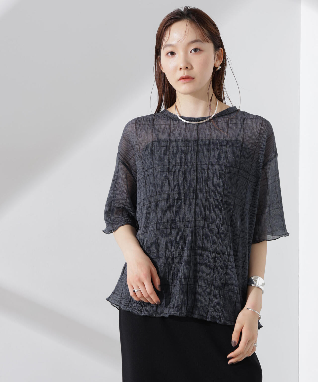 楊柳チェックシアーカットTシャツ 6735124310