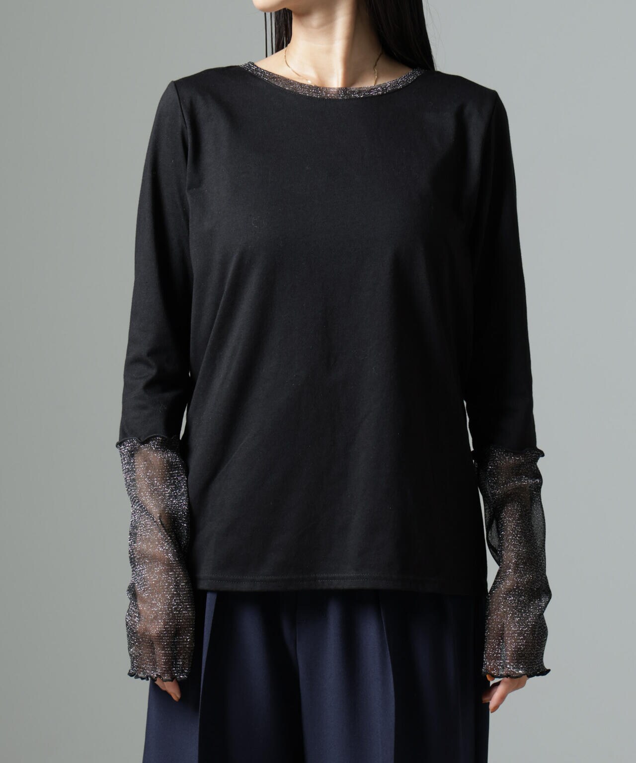 シアーラメ切り替えロングTシャツ 6734223323