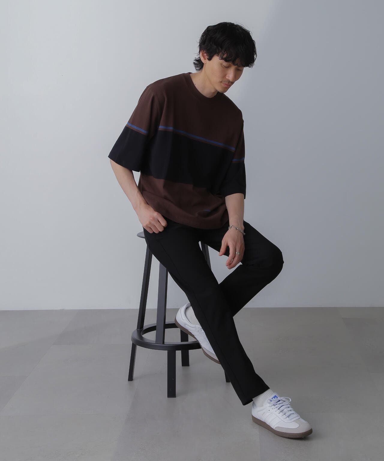 パネル編地ボーダークルーネックTシャツ 6684124233