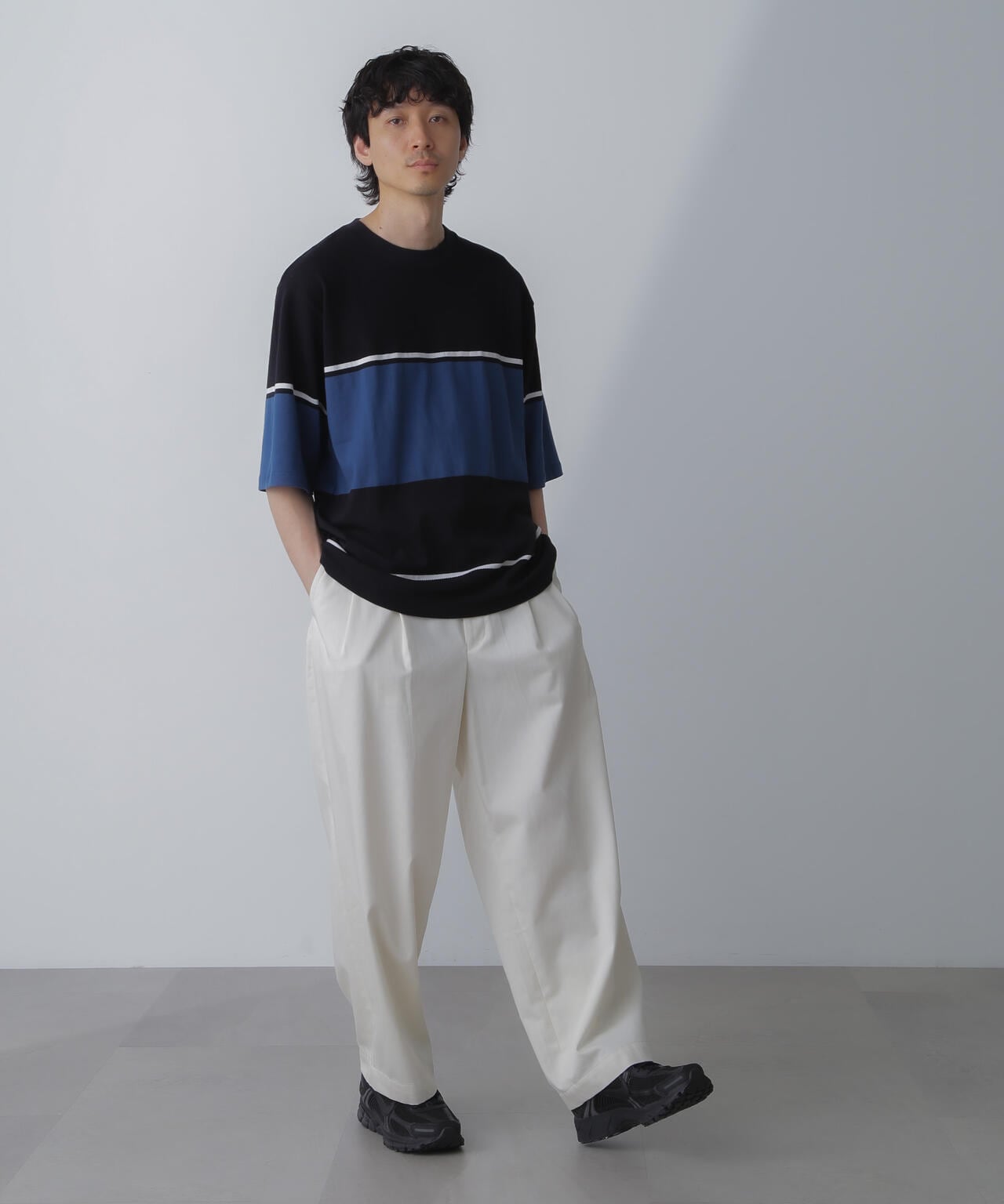 パネル編地ボーダークルーネックTシャツ 6684124233