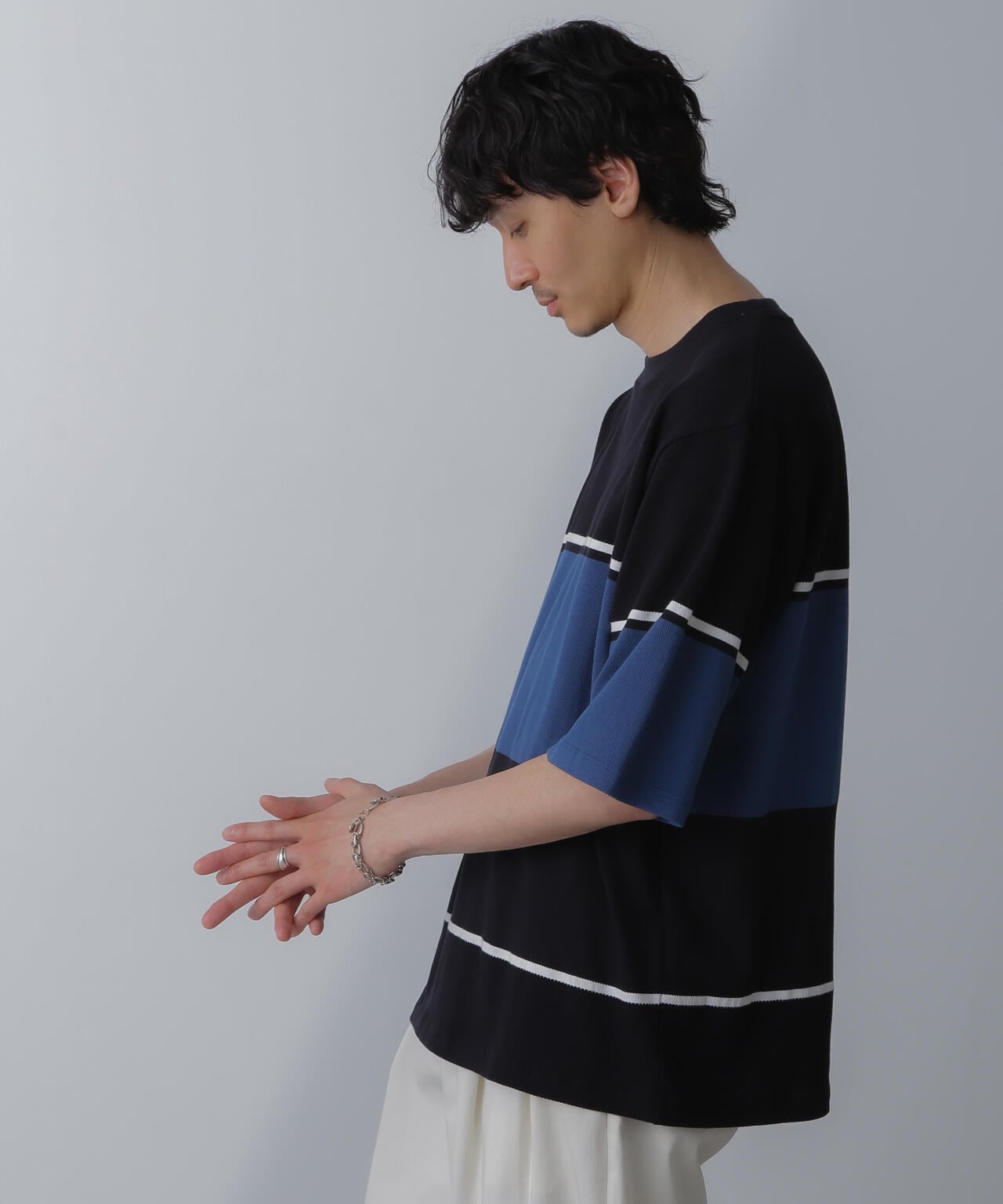 パネル編地ボーダークルーネックTシャツ 6684124233