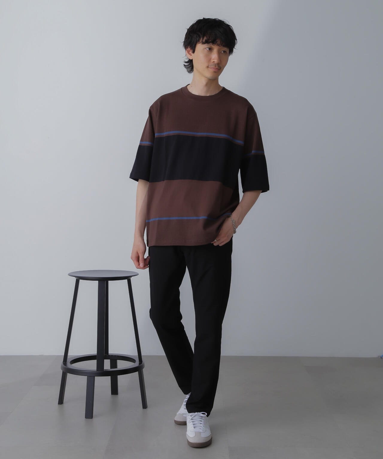 パネル編地ボーダークルーネックTシャツ 6684124233