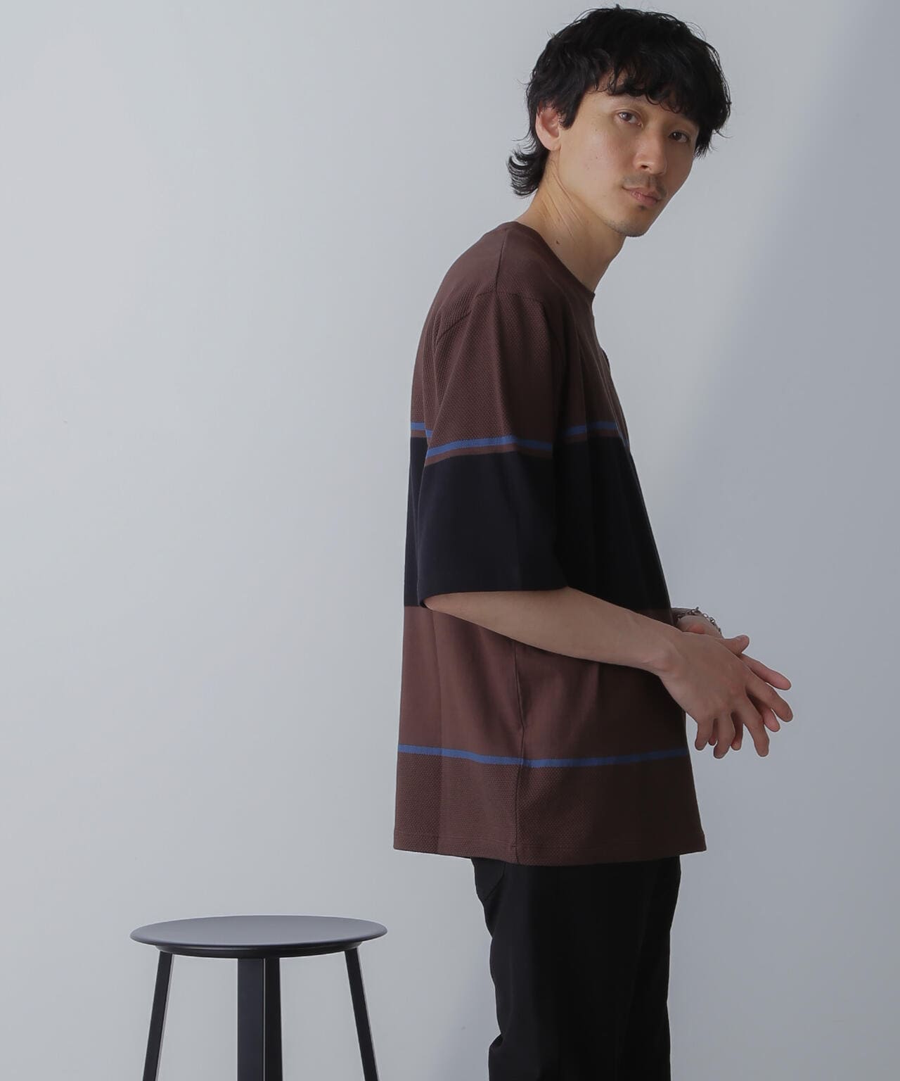 パネル編地ボーダークルーネックTシャツ 6684124233