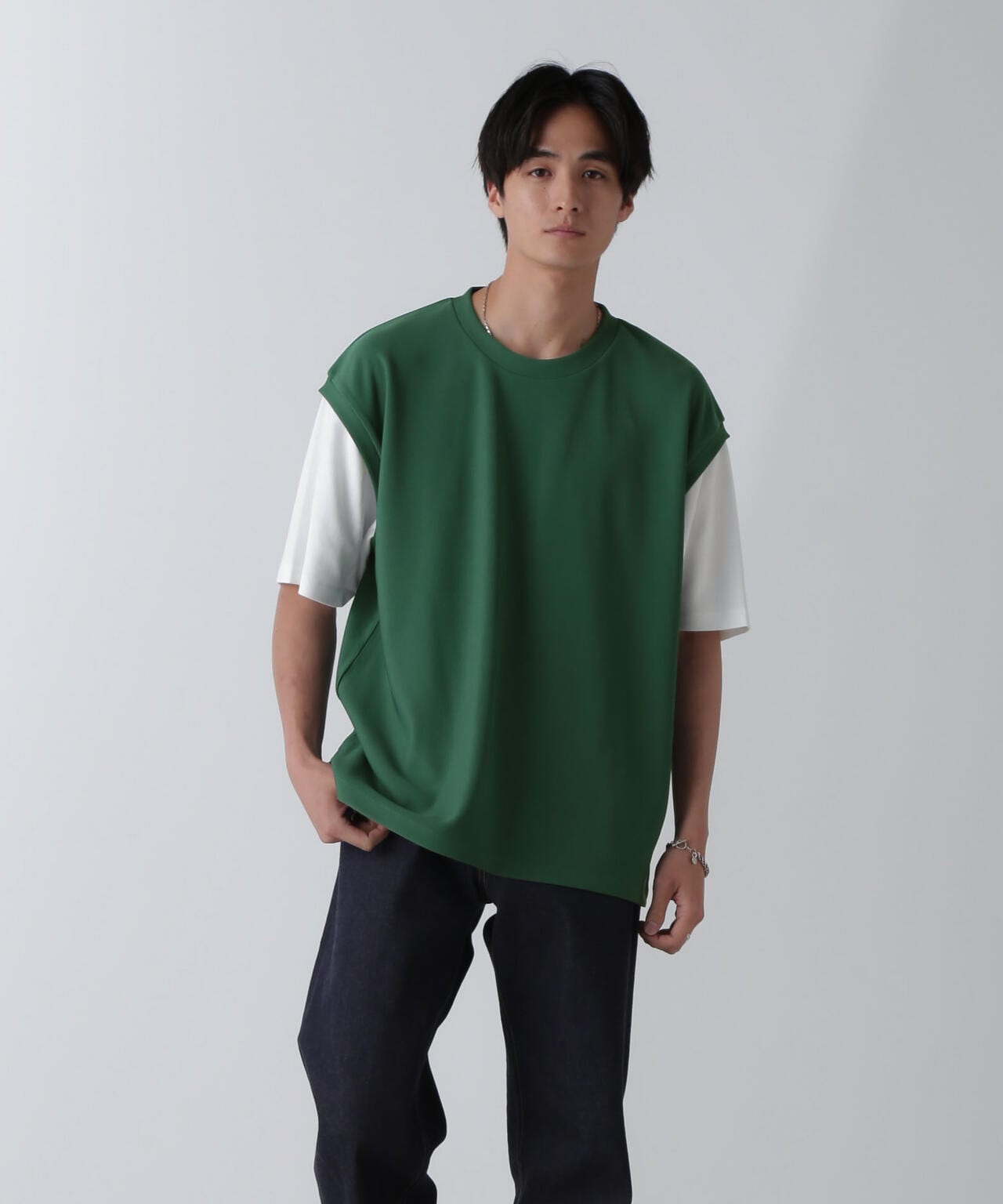 フェイクレイヤードリラックスTシャツ 半袖 6724224224