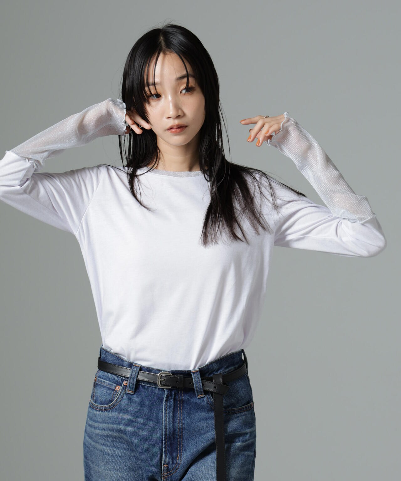 シアーラメ切り替えロングTシャツ 6734223323