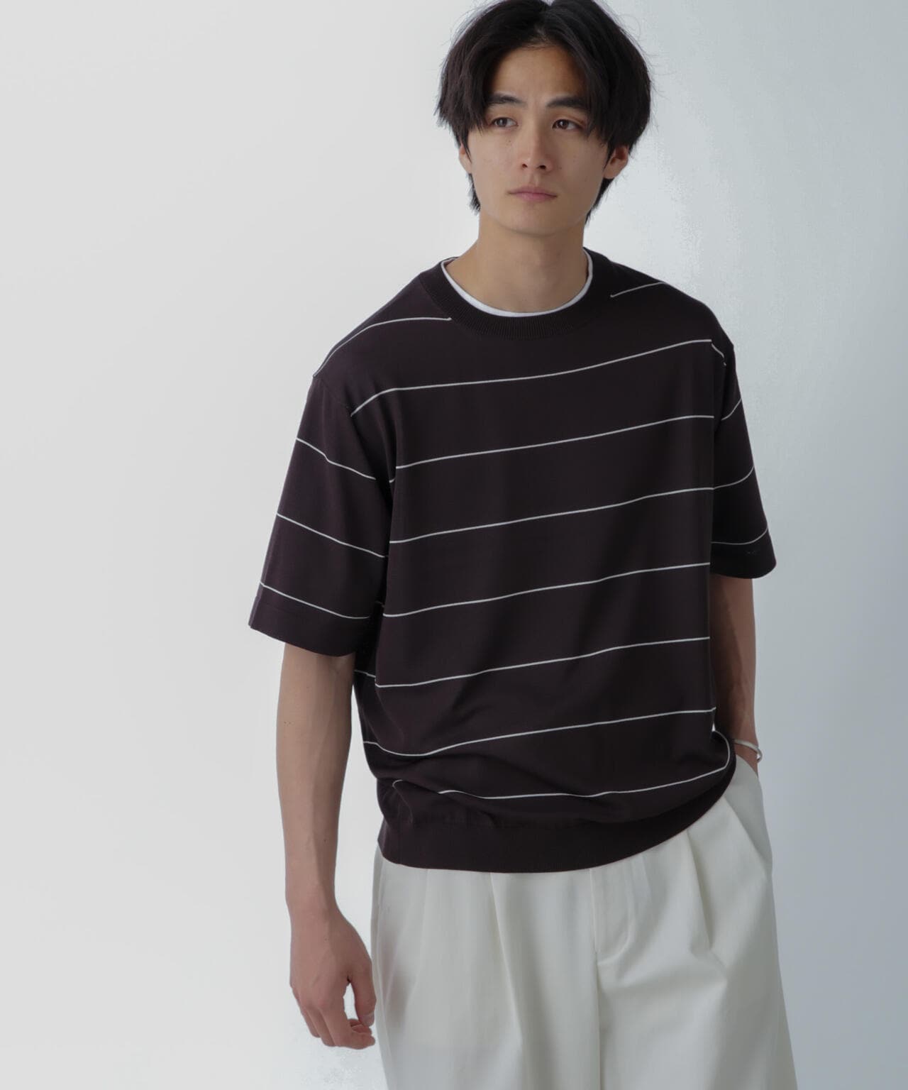 ハイゲージ ピンボーダーニットTシャツ 6684122234