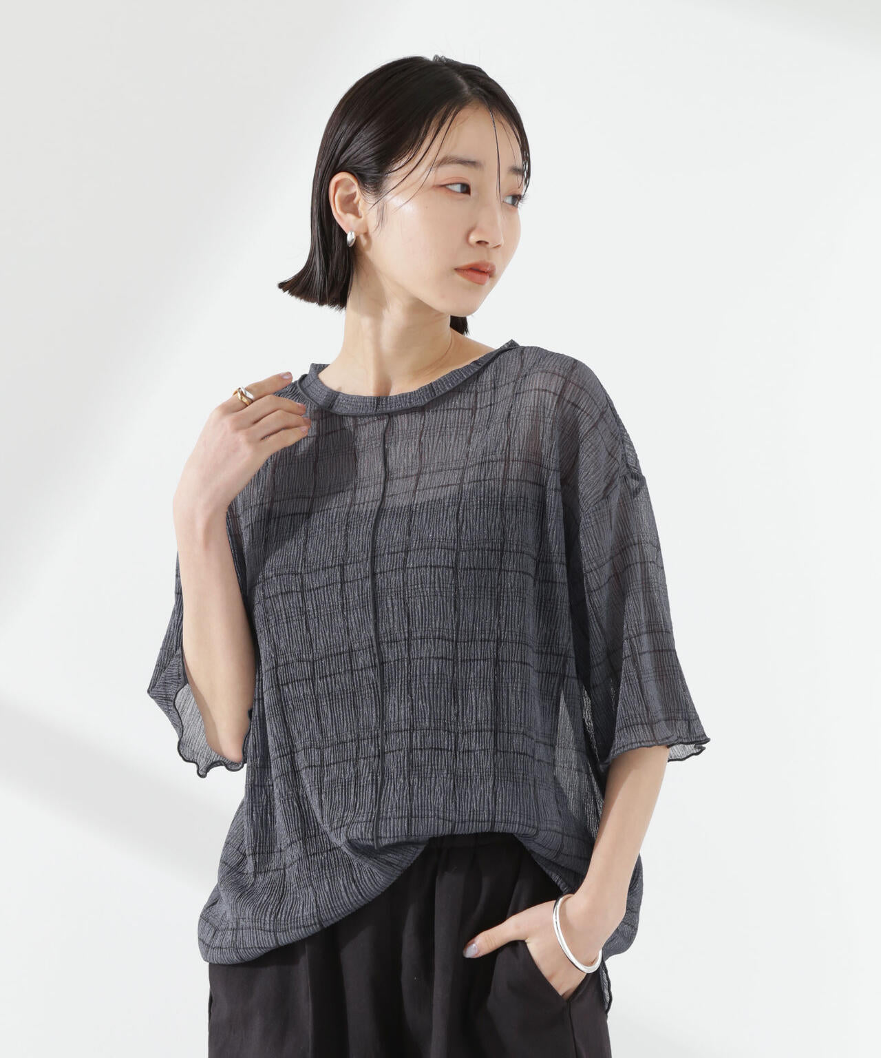 楊柳チェックシアーカットTシャツ 6735124310