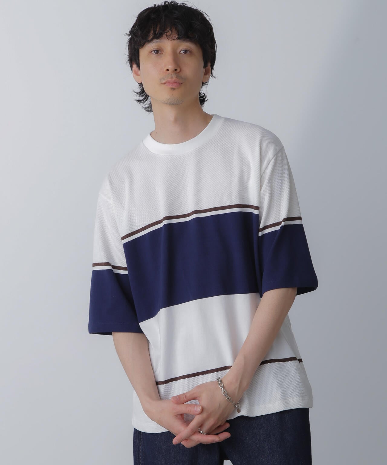 パネル編地ボーダークルーネックTシャツ 6684124233