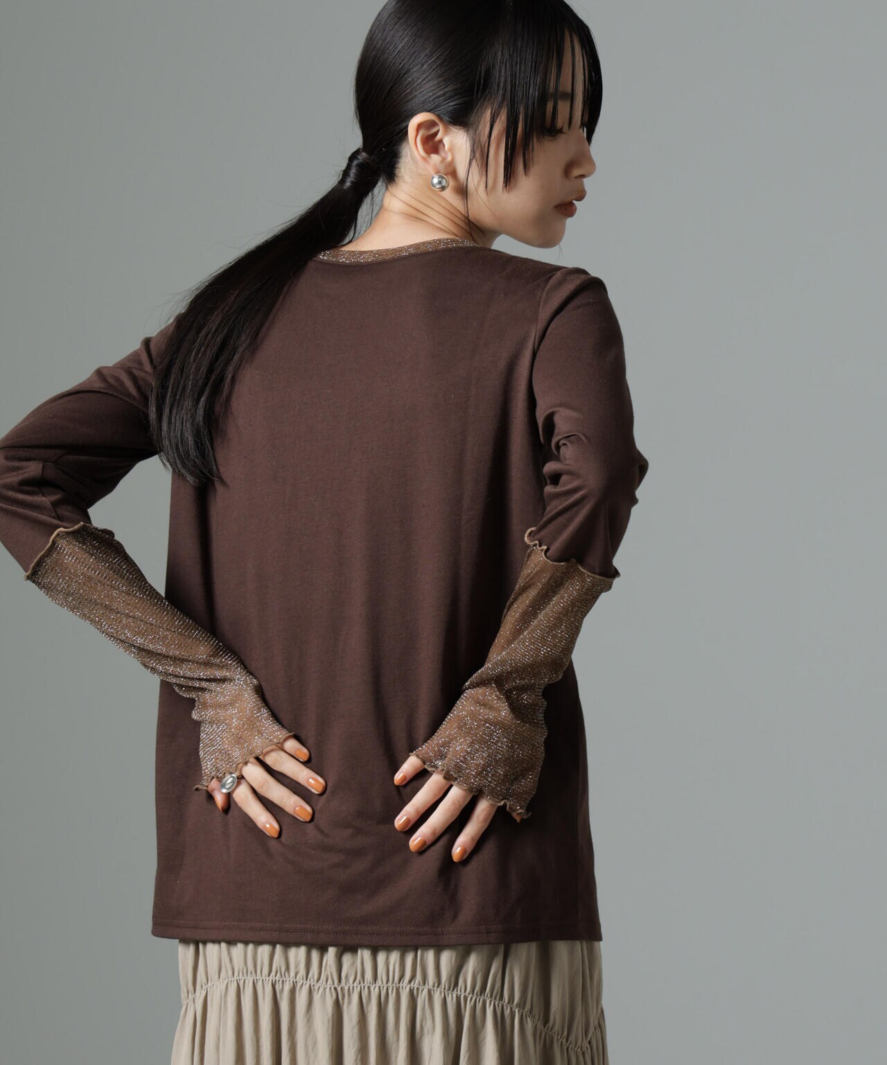 シアーラメ切り替えロングTシャツ 6734223323