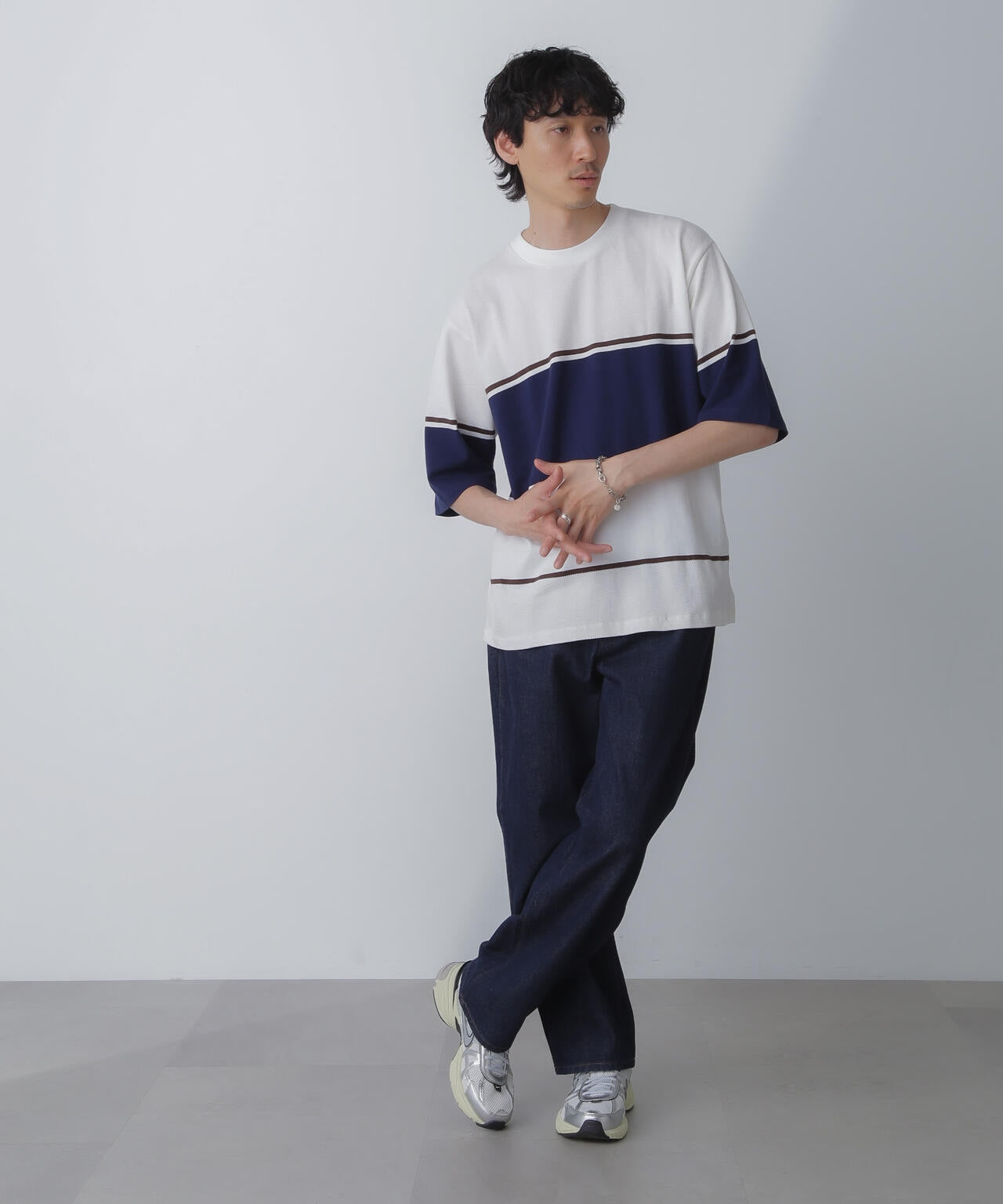 パネル編地ボーダークルーネックTシャツ 6684124233