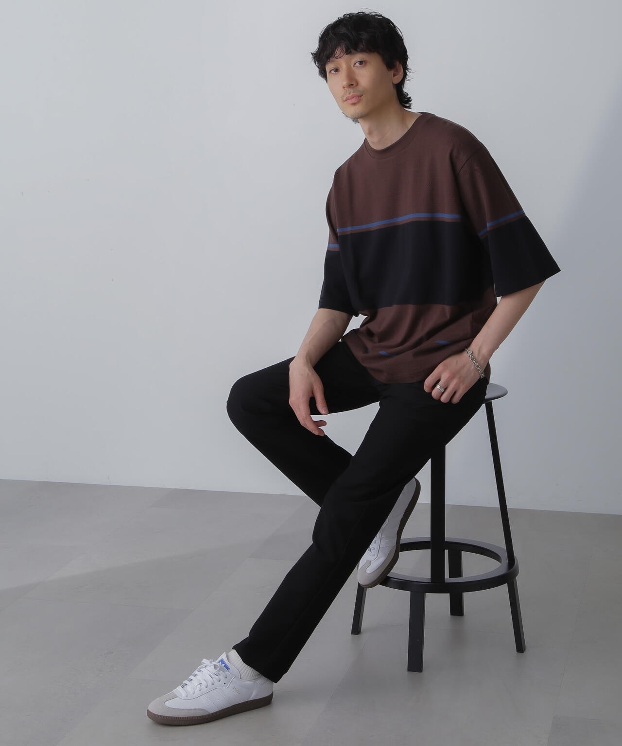 パネル編地ボーダークルーネックTシャツ 6684124233